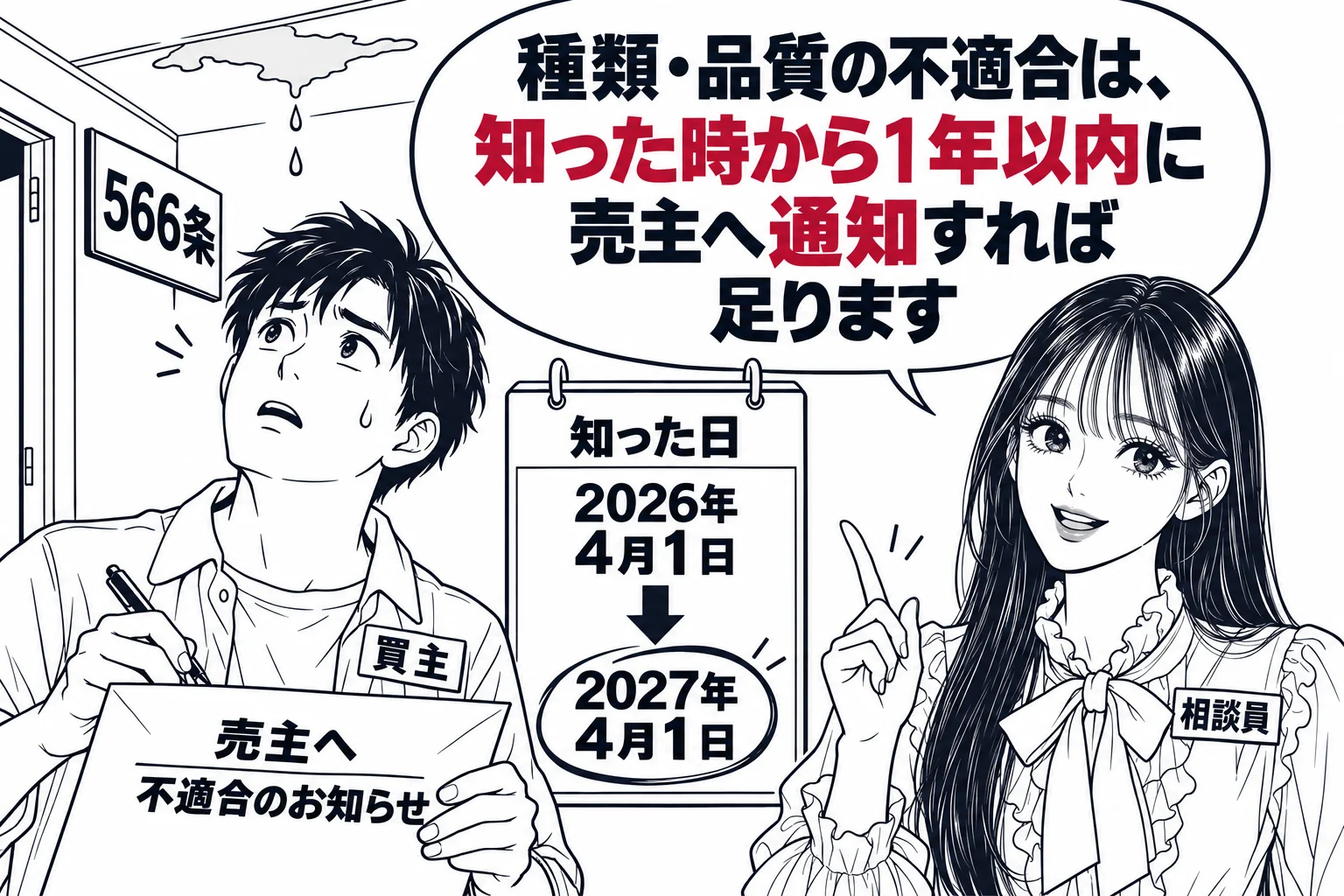 引っ越し後の新居の玄関の場面。男性（札「買主」）が雨漏りの染みのある天井を見上げながら、売主宛ての封書に「不適合のお知らせ」と書いている。壁のカレンダーに「知った日」の印と、そこから1年後の日付に丸印。先生が相談員役（札「相談員」）で玄関に
