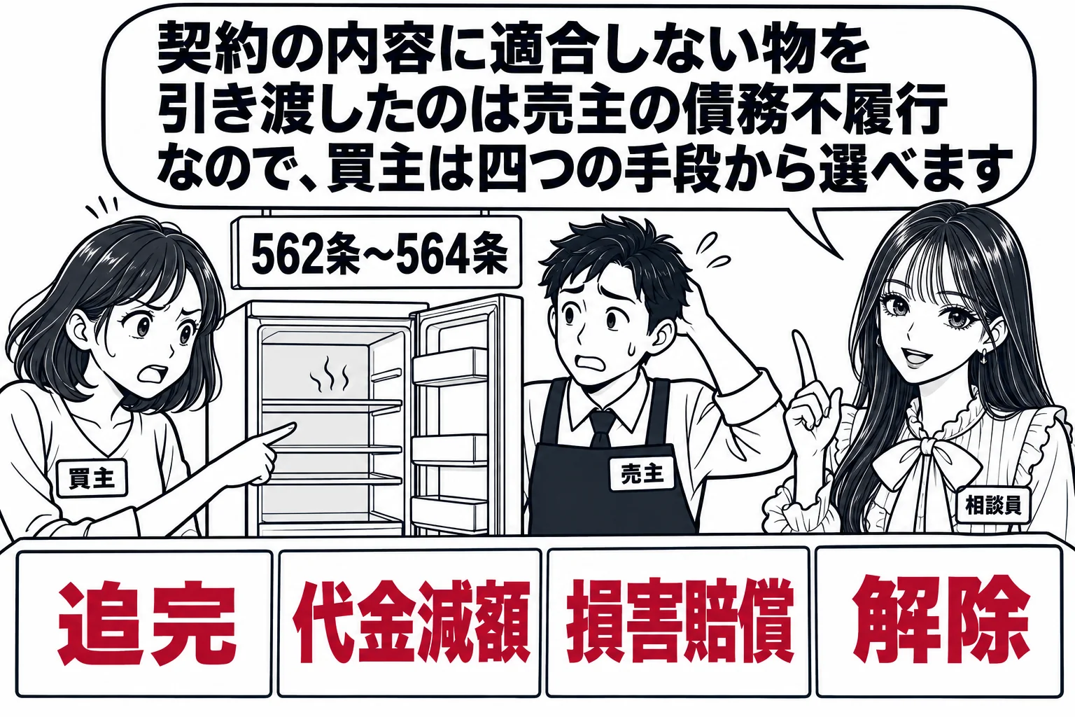 家電店のカウンターの場面。女性（札「買主」）が冷えない冷蔵庫の扉を開けて指さし、男性店員（札「売主」）が頭をかいている。カウンターの上に四枚の札が並び「追完」「代金減額」「損害賠償」「解除」と書かれている。先生が消費生活相談員役（札「相談員