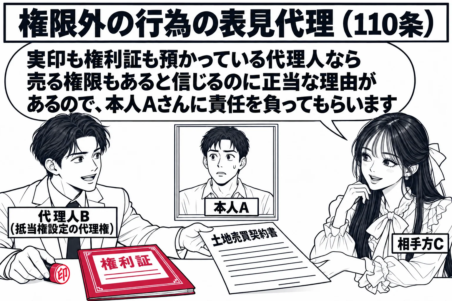 不動産の売買契約の席。男性（札「代理人B（抵当権設定の代理権）」）が実印と権利証をテーブルに置き、向かいの先生（札「相手方C」）に土地の売買契約書を差し出している。部屋の外の窓越しに男性（札「本人A」）の姿。先生の吹き出し「実印も権利証も預