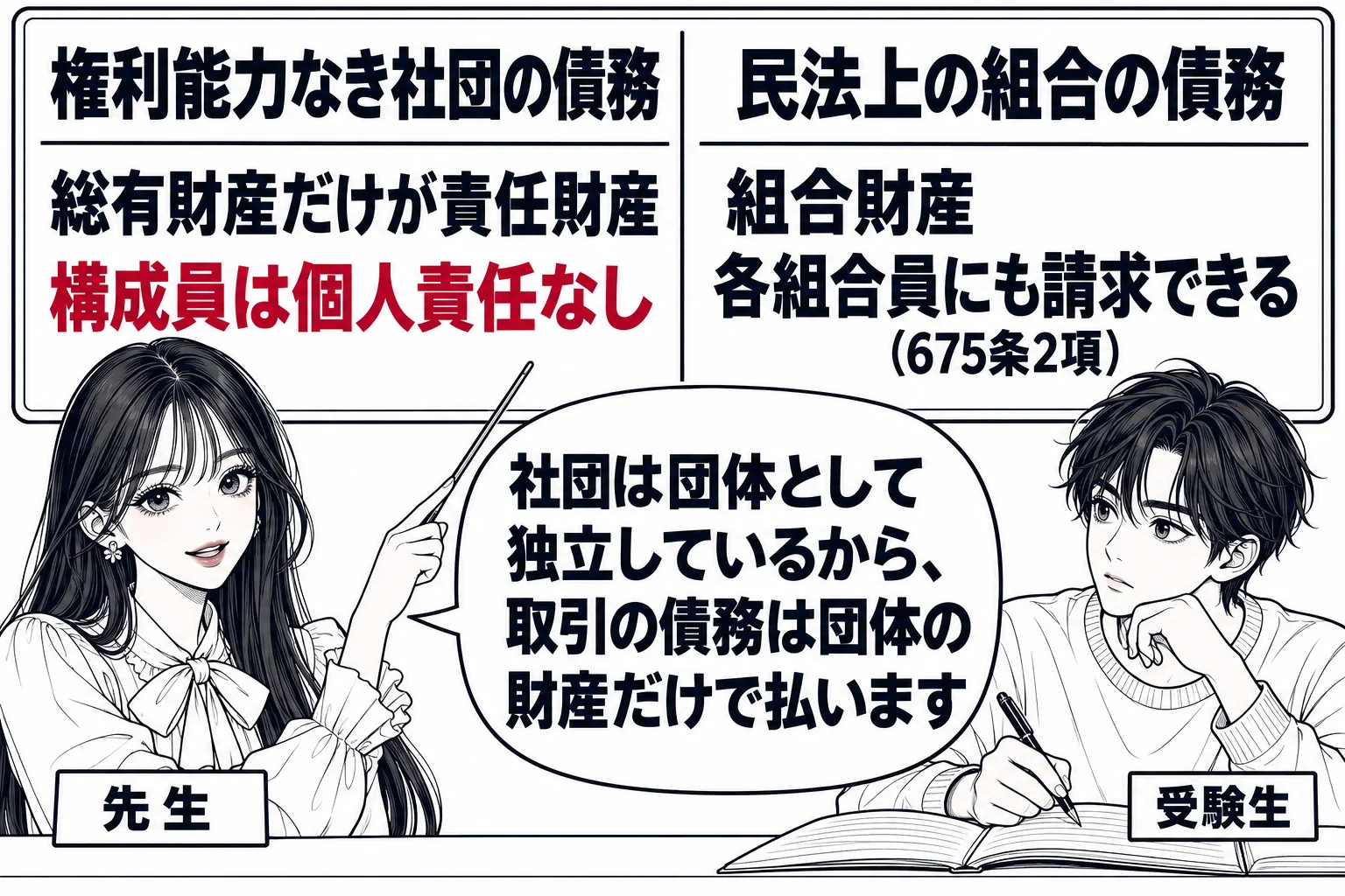教室の黒板の前。先生が教師役（札「先生」）で立ち、黒板を左右に分けている。左の見出し「権利能力なき社団の債務」の下に「総有財産だけが責任財産」「構成員は個人責任なし」、右の見出し「民法上の組合の債務」の下に「組合財産」「各組合員にも請求でき