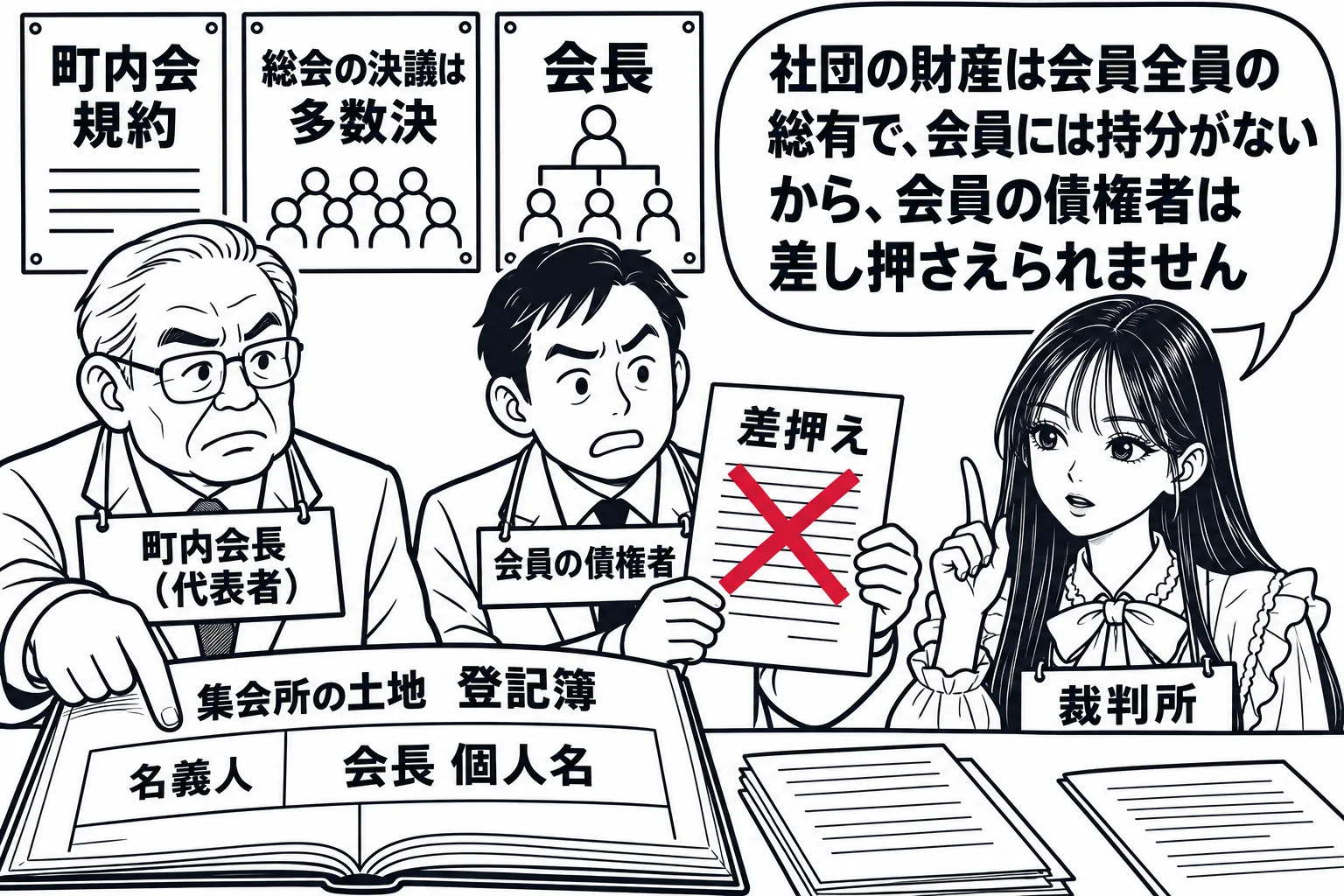 町内会の集会所の場面。壁に「町内会規約」「総会の決議は多数決」「会長」と書かれた掲示。机の上に集会所の土地の登記簿があり、名義人欄に「会長 個人名」と書かれている。年配の男性（札「町内会長（代表者）」）が登記簿を指さし、横に男性（札「会員の
