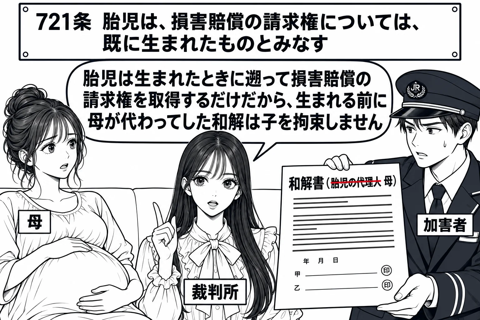 病院の待合室の場面。お腹の大きな女性（札「母」）がソファに座り、向かいに鉄道会社の社員の男性（札「加害者」）が和解書を差し出している。和解書の見出しは「和解書（胎児の代理人 母）」。そこへ先生が裁判官役（札「裁判所」）として割って入り、吹き