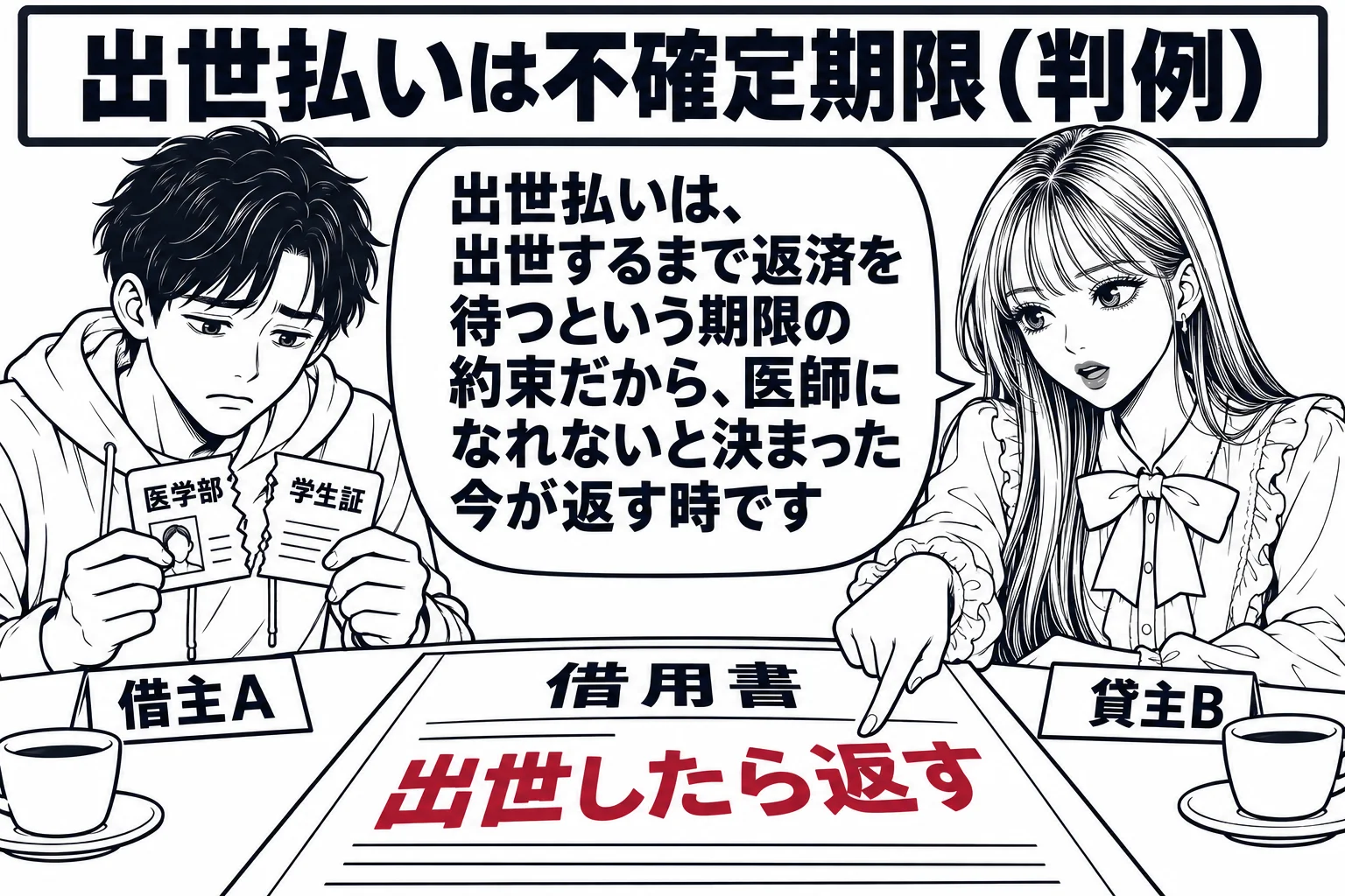 喫茶店の席の場面。テーブルの上に借用書（「出世したら返す」）。若い男性（札「借主A」）が、医学部の学生証を破れた形で持ち、うつむいている。向かいに先生が貸主役（札「貸主B」）で借用書を指さして座っている。先生の吹き出し「出世払いは、出世する
