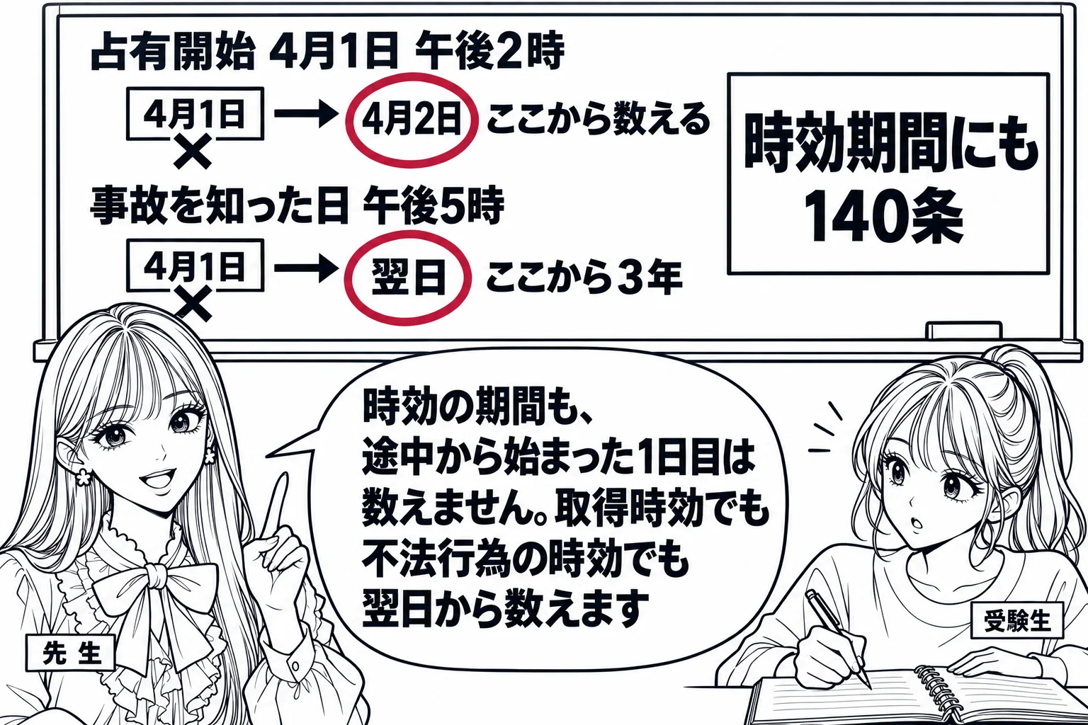 教室の場面。先生が教師役（札「先生」）で黒板の前に立つ。黒板の上段に「占有開始 4月1日 午後2時」と書かれ、その日に×印、翌日の「4月2日」に丸印と「ここから数える」。下段に「事故を知った日 午後5時」と書かれ、その日に×印、翌日に丸印と