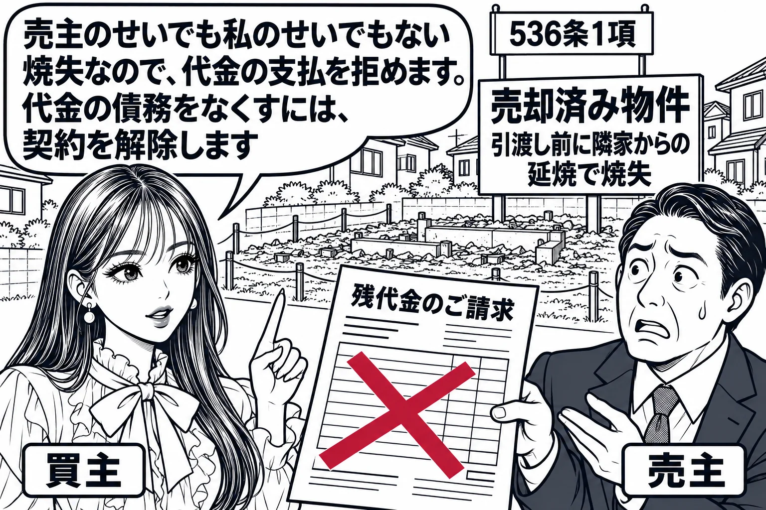 住宅街の更地の前の場面。焼け跡を片付けた更地に立て札「売却済み物件　引渡し前に隣家からの延焼で焼失」。手前に先生が買主役（札「買主」）で立ち、売主の男性（札「売主」）が請求書「残代金のご請求」を差し出している。先生の吹き出し「売主のせいでも