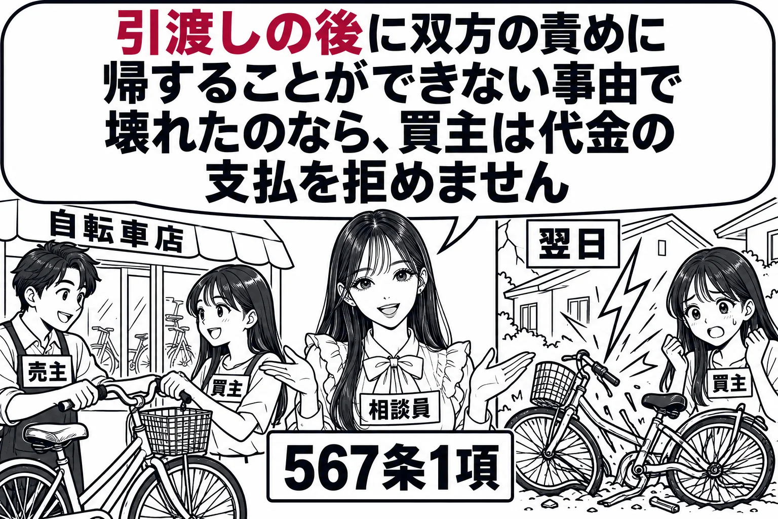 自転車店の前の場面。男性（札「売主」）が中古自転車を女性（札「買主」）に手渡している。その右に、翌日の場面として、女性の家の前で雷に打たれて壊れた自転車と、困った顔の女性。先生が相談員役（札「相談員」）で二つの場面の間に立つ。先生の吹き出し