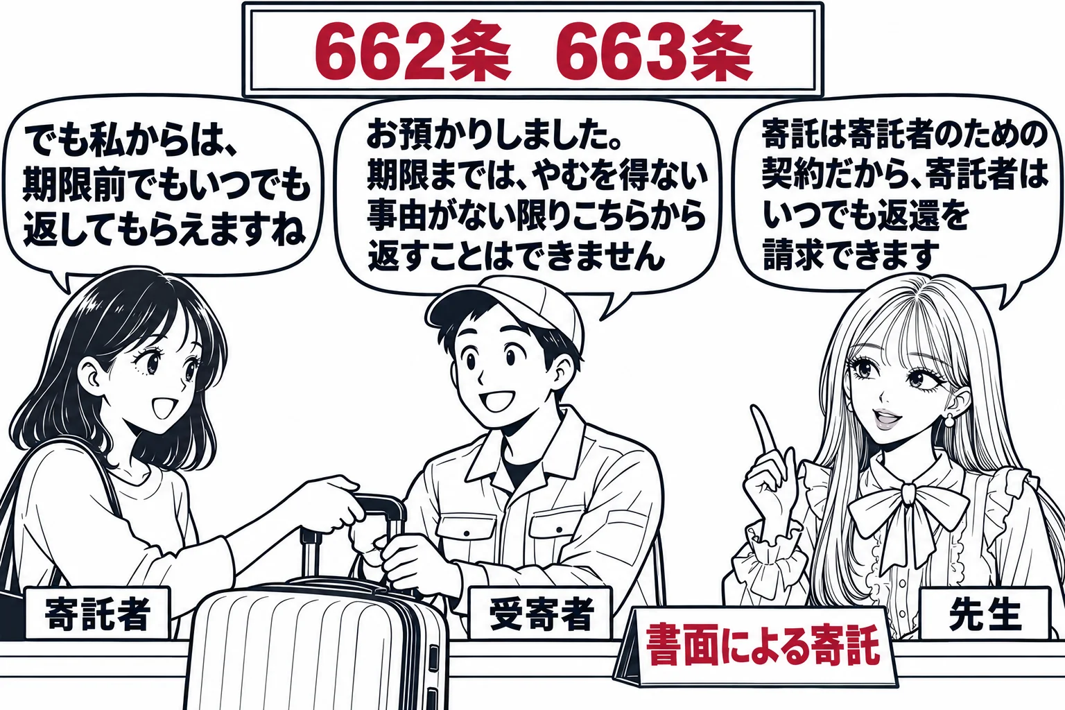 倉庫の受付カウンターの場面。女性（札「寄託者」）がスーツケースを預け、作業着の男性（札「受寄者」）が受け取っている。カウンターに預かり証（札「書面による寄託」）。男性の吹き出し「お預かりしました。期限までは、やむを得ない事由がない限りこちら