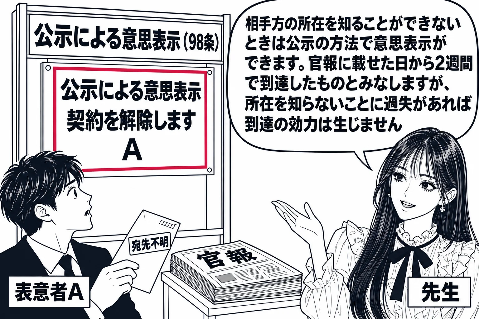 簡易裁判所の掲示場の前の場面。掲示板に「公示による意思表示 契約を解除します A」の紙が貼られ、横の机に官報が置かれている。男性（札「表意者A」）が掲示を見上げ、手には宛先不明で戻ってきた封筒。先生が書記官役（札「先生」）で掲示板の横に立ち