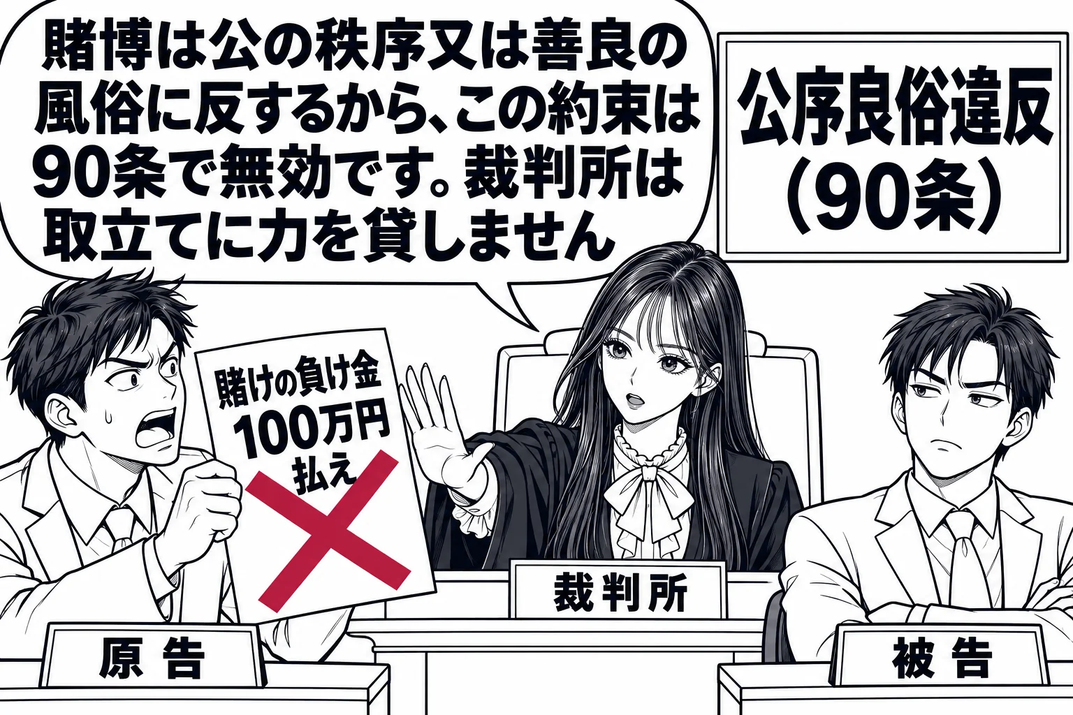 裁判所の法廷の場面。証言台の前に男性（札「原告」）が立ち、手に「賭けの負け金 100万円 払え」と書いた紙を掲げている。被告席に男性（札「被告」）。法壇の上に先生が裁判官役（札「裁判所」）で座り、紙を押し返す手振りをしている。先生の吹き出し