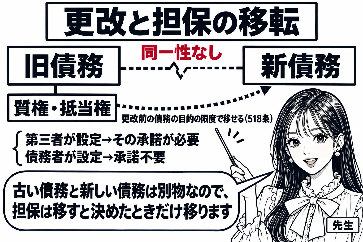板書の図解。黒板の左に「旧債務」、右に「新債務」の箱があり、間に「同一性なし」と書かれた切れ目。左の箱の下に「質権・抵当権」の札があり、そこから右の箱へ点線の矢印「更改前の債務の目的の限度で移せる（518条）」。矢印の横に「第三者が設定→そ