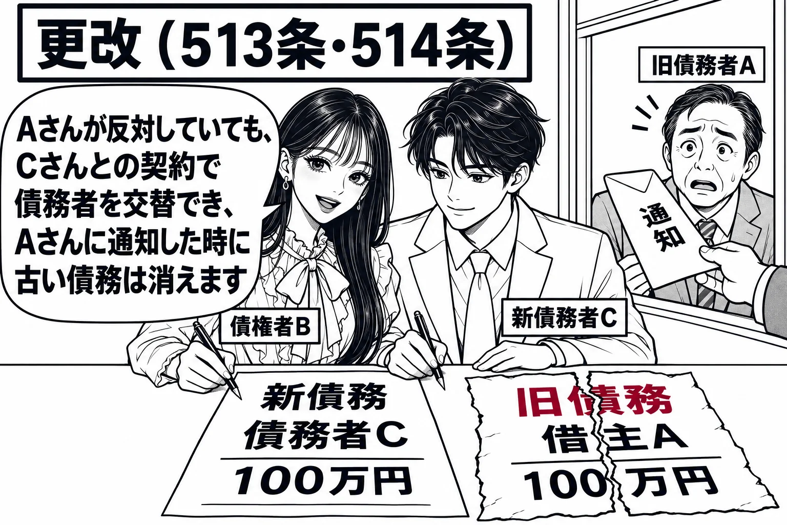 貸主の事務所の場面。机の上に「旧債務 借主A 100万円」と書かれた借用書が破られて置かれ、その横に新しい「新債務 債務者C 100万円」の契約書。先生が債権者役（札「債権者B」）で、男性（札「新債務者C」）と契約書に署名している。窓の外で
