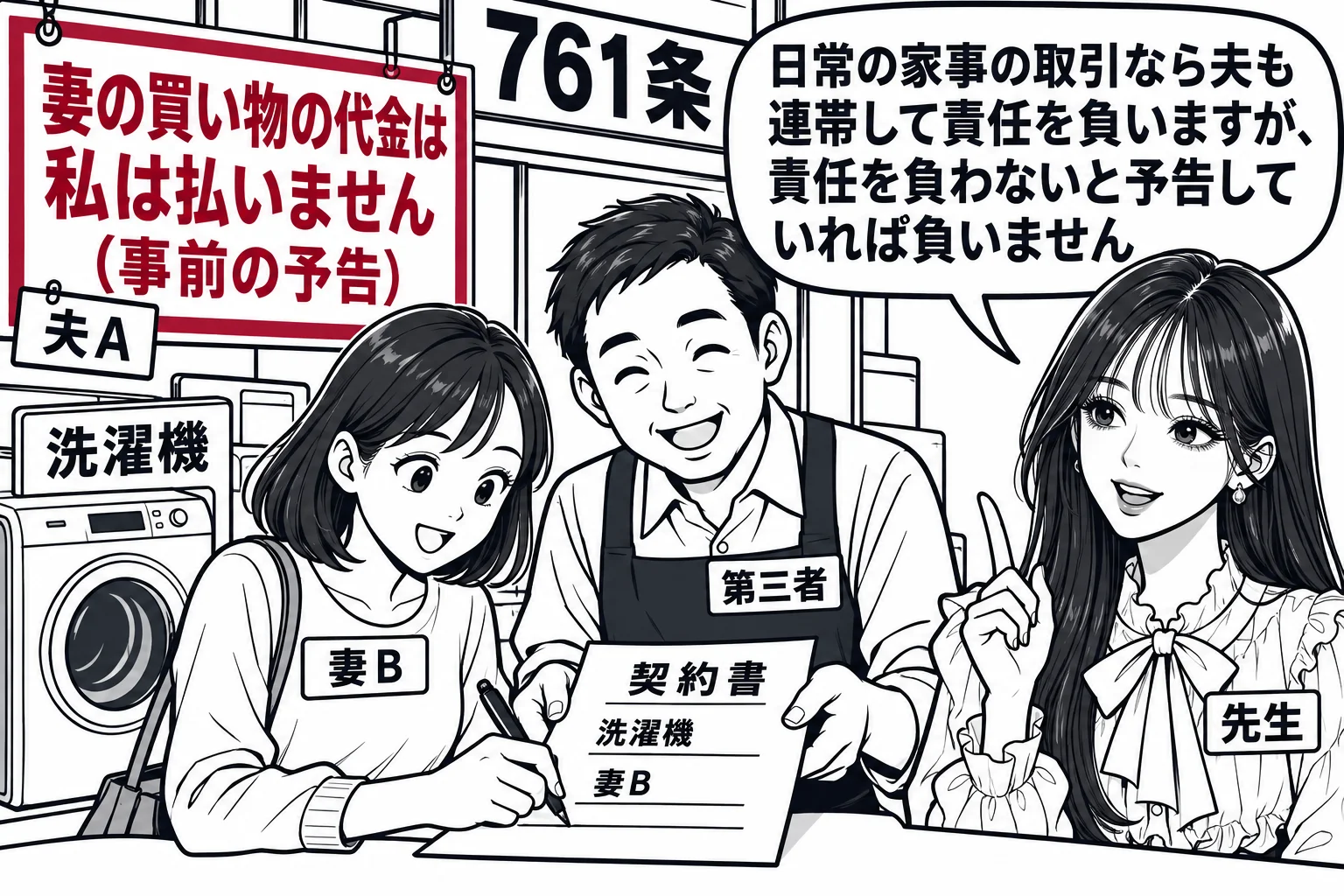 商店街の電器店の店先の場面。妻（札「妻B」）が洗濯機を買う契約書に署名し、店主（札「第三者」）が受け取っている。店の壁に夫（札「夫A」）の名前で書かれた張り紙「妻の買い物の代金は私は払いません（事前の予告）」。先生が説明役（札「先生」）で立