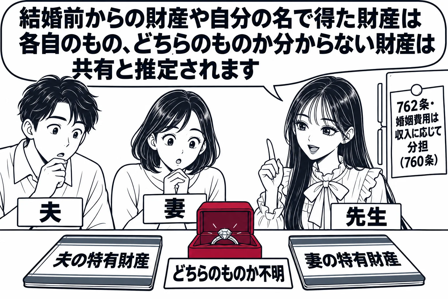 夫婦の住まいの台所の場面。食卓の上に通帳が二冊（札「夫の特有財産」「妻の特有財産」）と、どちらの名義でもない宝石箱（札「どちらのものか不明」）。夫（札「夫」）と妻（札「妻」）が宝石箱を見ている。先生が説明役（札「先生」）で立ち、吹き出し「結