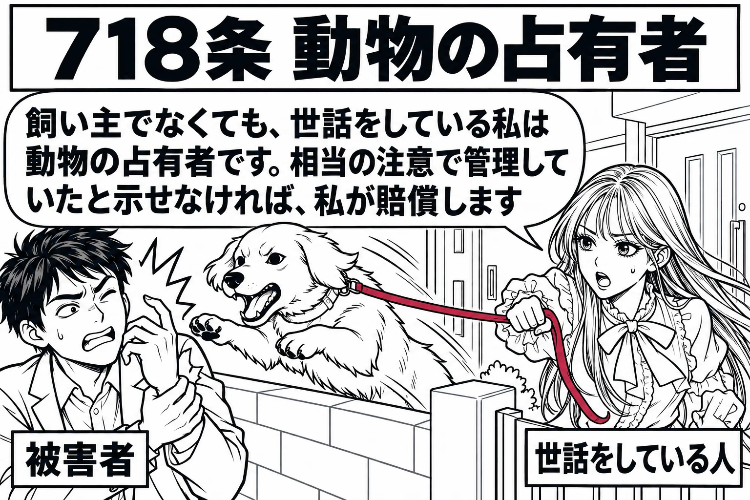 住宅の玄関先の場面。首輪の付いた犬が塀を飛び越えた先で、通行人の男性（札「被害者」）が手を押さえている。先生（札「世話をしている人」）が犬のリードを持って駆け寄っている。先生の吹き出し「飼い主でなくても、世話をしている私は動物の占有者です。