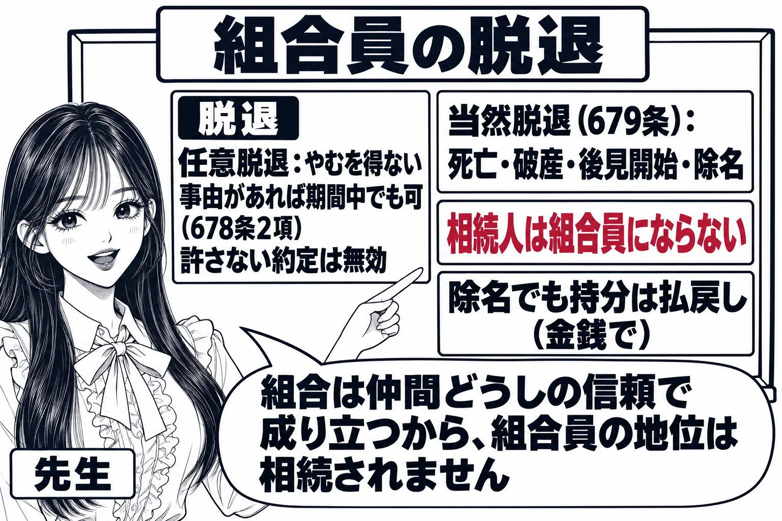 板書の図解。黒板の左に「脱退」の見出しで「任意脱退：やむを得ない事由があれば期間中でも可（678条2項）　許さない約定は無効」、右に「当然脱退（679条）：死亡・破産・後見開始・除名」。右下に「相続人は組合員にならない」「除名でも持分は払戻