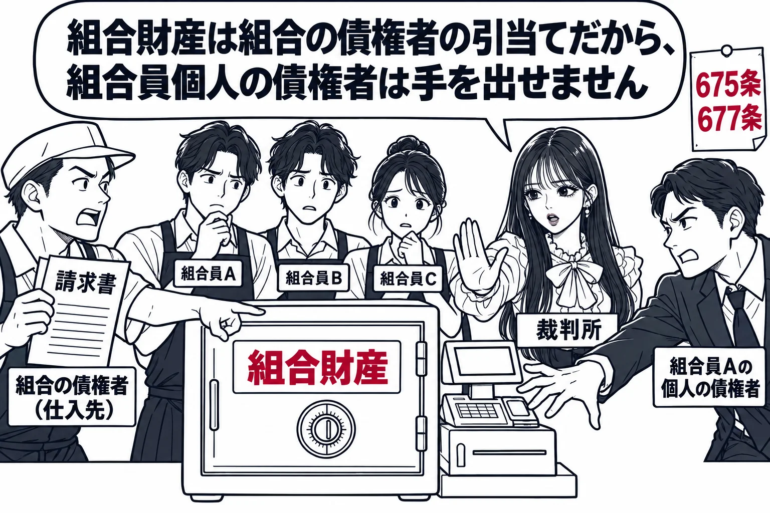 共同で営む飲食店の店内の場面。レジ横に金庫（札「組合財産」）がある。左から男性（札「組合の債権者（仕入先）」）が請求書を持ち、金庫と三人の組合員（札「組合員A」「組合員B」「組合員C」）の両方を指している。右から別の男性（札「組合員Aの個人