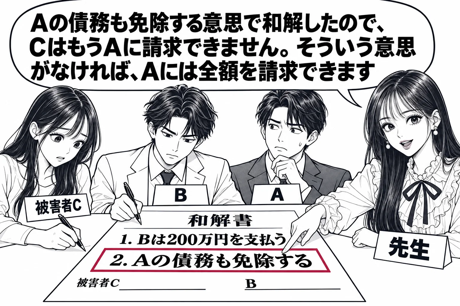 示談の席の場面。机の上に和解書（「Bは200万円を支払う」「Aの債務も免除する」）。被害者（札「被害者C」）と加害者の一人（札「B」）が署名している。少し離れて、もう一人の加害者（札「A」）が様子を見ている。先生が和解書の「Aの債務も免除す