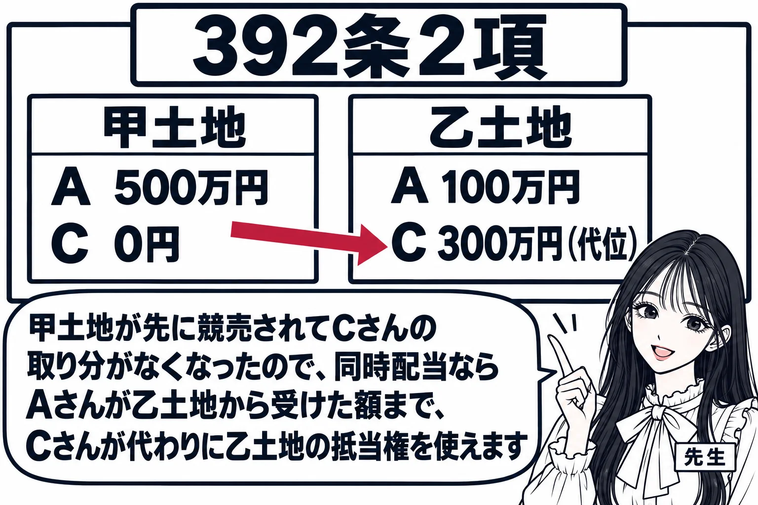板書の図解。黒板に甲土地と乙土地の二つの四角があり、甲土地に「A 500万円」「C 0円」、乙土地に「A 100万円」「C 300万円（代位）」と書かれ、乙土地の「C 300万円（代位）」に矢印が伸びている。先生が教師役（札「先生」）で矢印