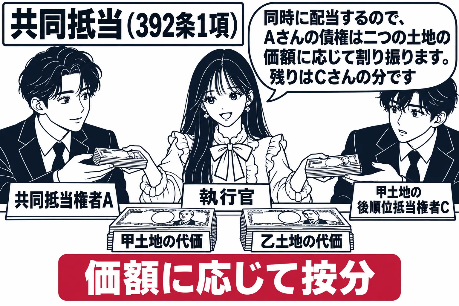 競売の配当の場面。机の上に二つの札束「甲土地の代価」「乙土地の代価」。先生が執行官役（札「執行官」）で、銀行員の男性（札「共同抵当権者A」）と男性（札「甲土地の後順位抵当権者C」）の間で札束を分けている。先生の吹き出し「同時に配当するので、