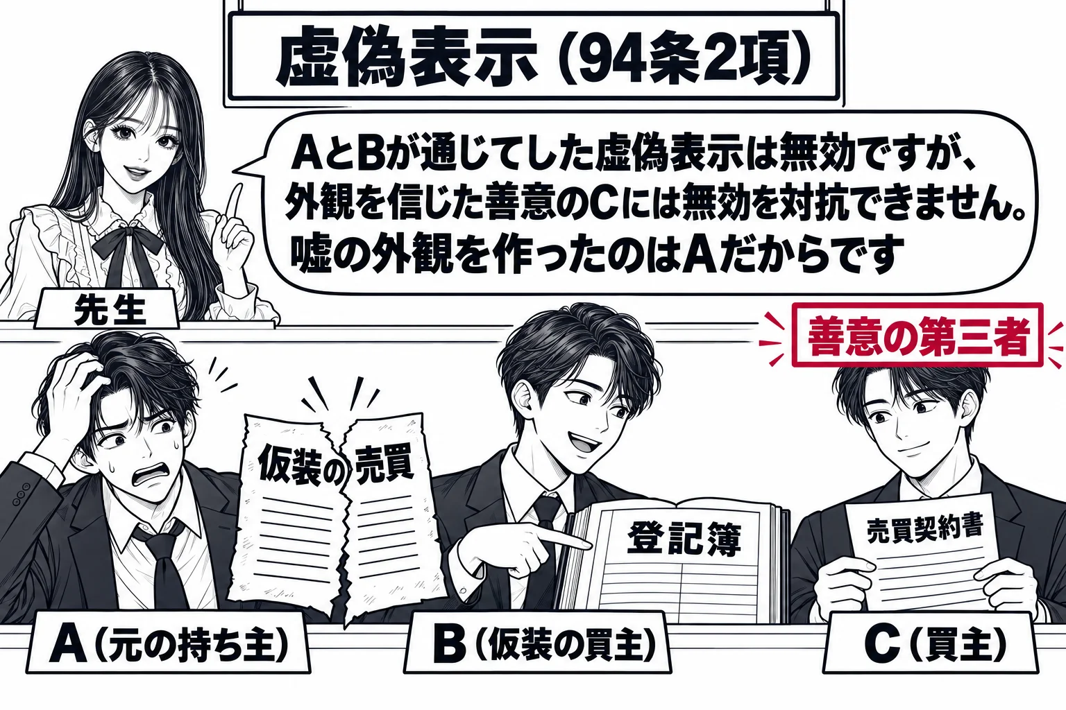 登記所の窓口の場面。窓口の前に三人。左に男性（札「A（元の持ち主）」）が頭を抱え、中央に男性（札「B（仮装の買主）」）が登記簿を指さして笑い、右に男性（札「C（買主）」）が売買契約書を持って立っている。AとBの間に破れた契約書「仮装の売買」