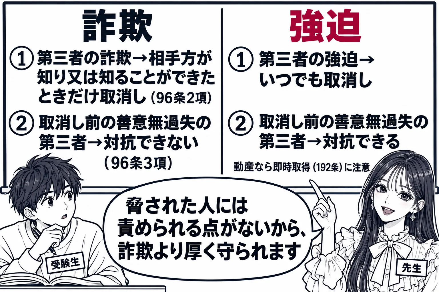教室の板書の図解。黒板を左右に分け、左に「詐欺」、右に「強迫」の見出し。各見出しの下に二行。左「第三者の詐欺→相手方が知り又は知ることができたときだけ取消し（96条2項）」「取消し前の善意無過失の第三者→対抗できない（96条3項）」。右「第
