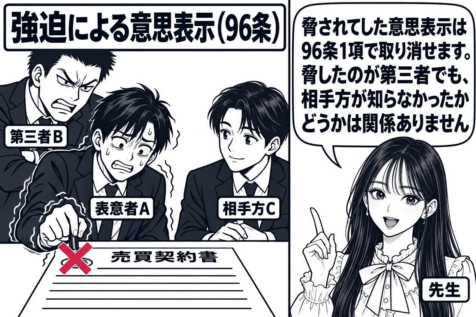 事務所の応接室の場面。テーブルの上に売買契約書。男性（札「第三者B」）が腕を組んで背後から威圧し、男性（札「表意者A」）が震える手で判を押している。テーブルの向こうに男性（札「相手方C」）が何も知らない様子で座っている。後日の場面として右側