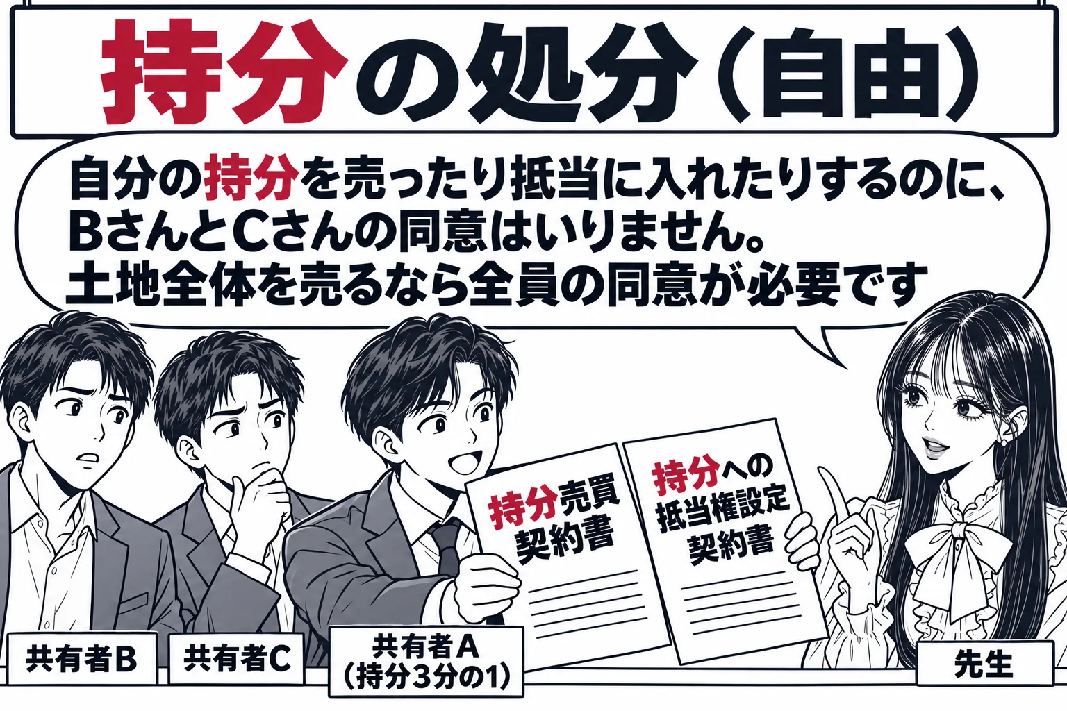 不動産会社の窓口の場面。カウンターに男性（札「共有者A（持分3分の1）」）が「持分売買契約書」と「持分への抵当権設定契約書」を差し出している。後ろで兄弟二人（札「共有者B」「共有者C」）が見ている。先生が窓口の担当役（札「先生」）。先生の吹