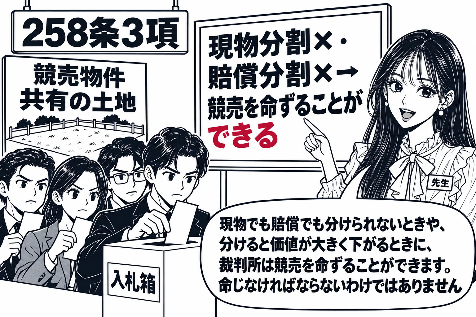 競売の場面。掲示板に「競売物件 共有の土地」と書かれ、入札箱の前に人が並んでいる。横に先生が説明役（札「先生」）で板書の「現物分割×・賠償分割×→競売を命ずることができる」を指している。先生の吹き出し「現物でも賠償でも分けられないときや、分