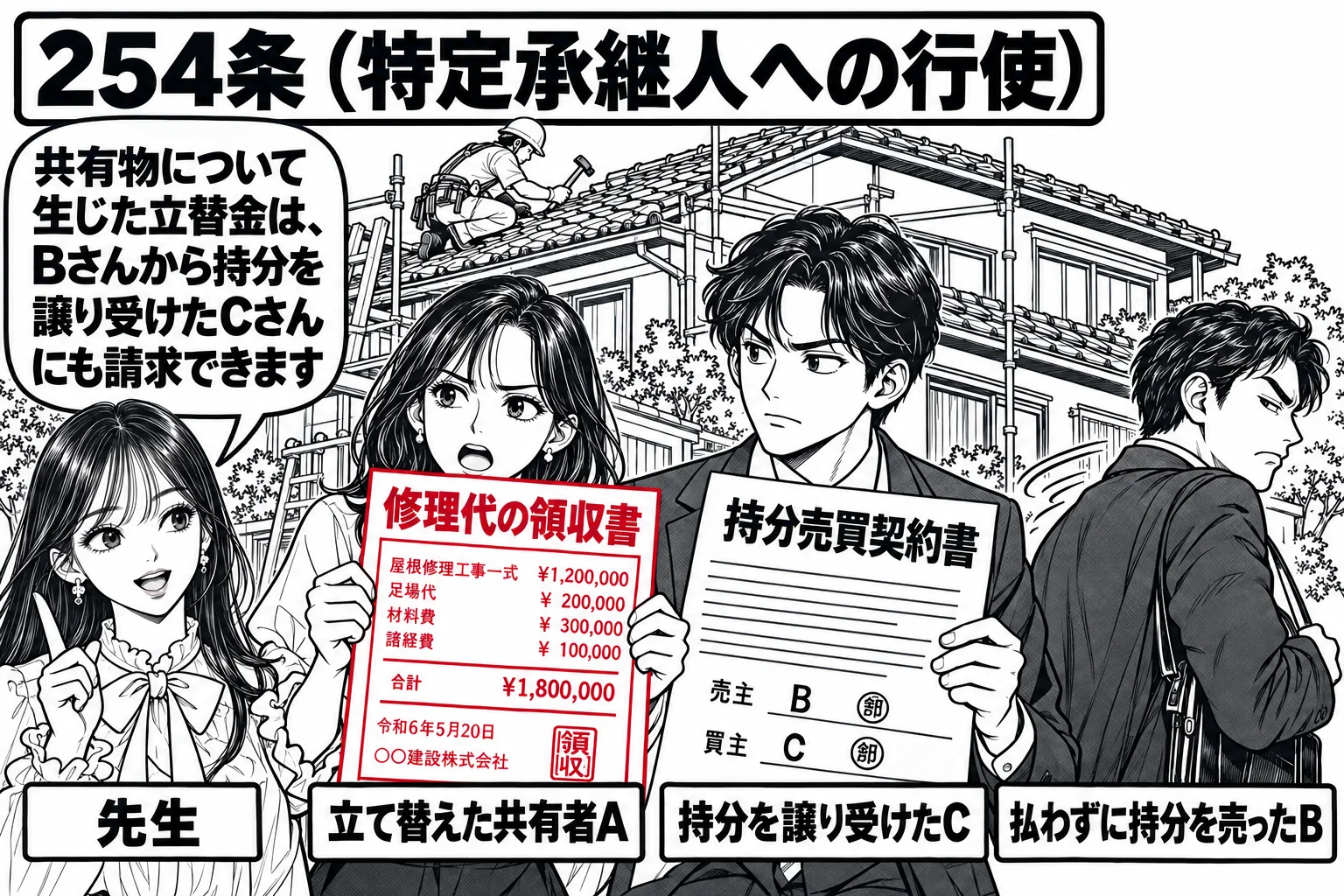 共有の古い一軒家の前の場面。屋根の上で職人が修理をしている。家の前に女性（札「立て替えた共有者A」）が「修理代の領収書」を持ち、隣に男性（札「持分を譲り受けたC」）が「持分売買契約書」を持って立っている。少し離れて男性（札「払わずに持分を売