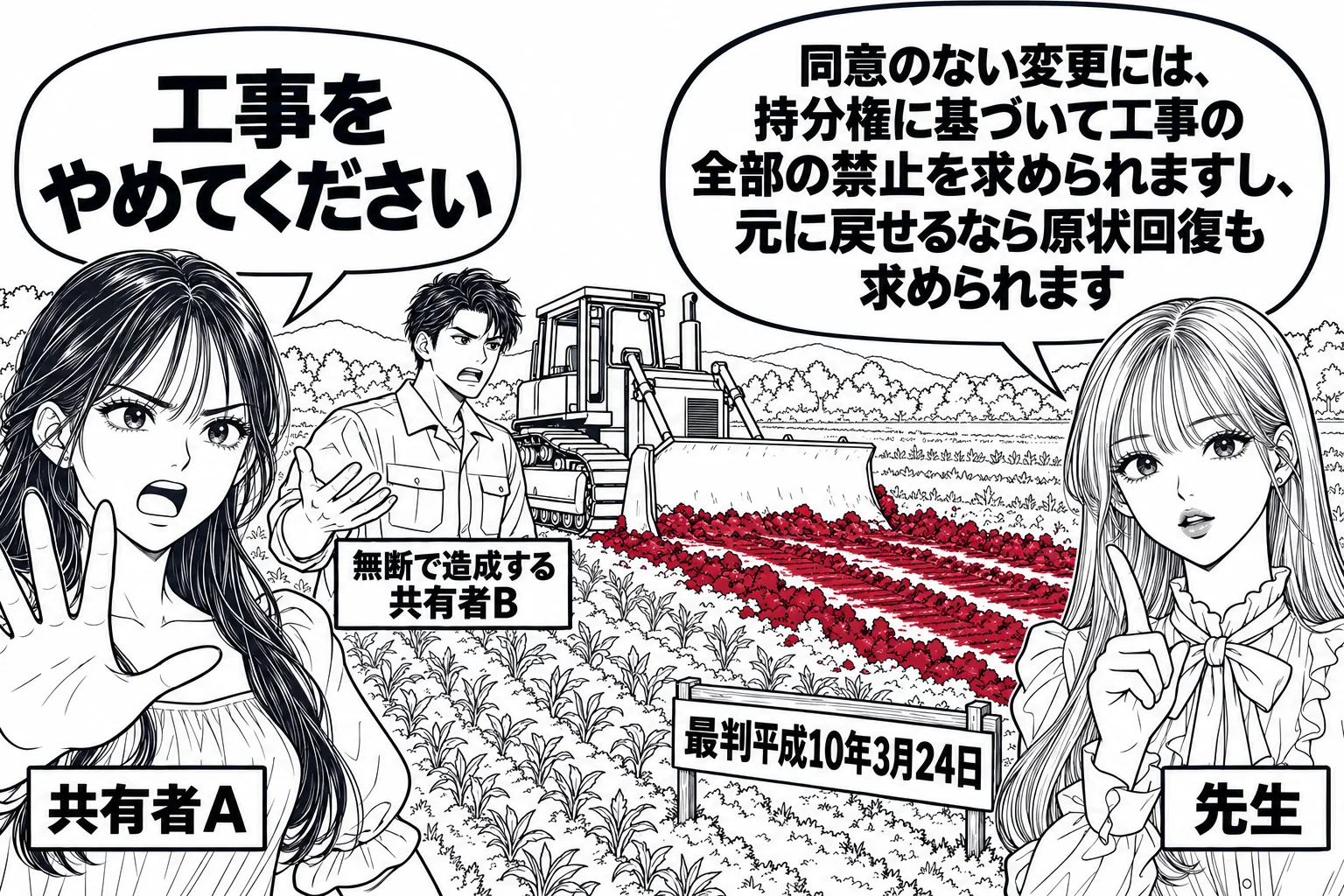 農地の場面。畑の一部にブルドーザーが入って土を削っている。ブルドーザーの横に男性（札「無断で造成する共有者B」）。畑の手前で女性（札「共有者A」）が「工事をやめてください」と手を挙げている。先生が説明役（札「先生」）。先生の吹き出し「同意の