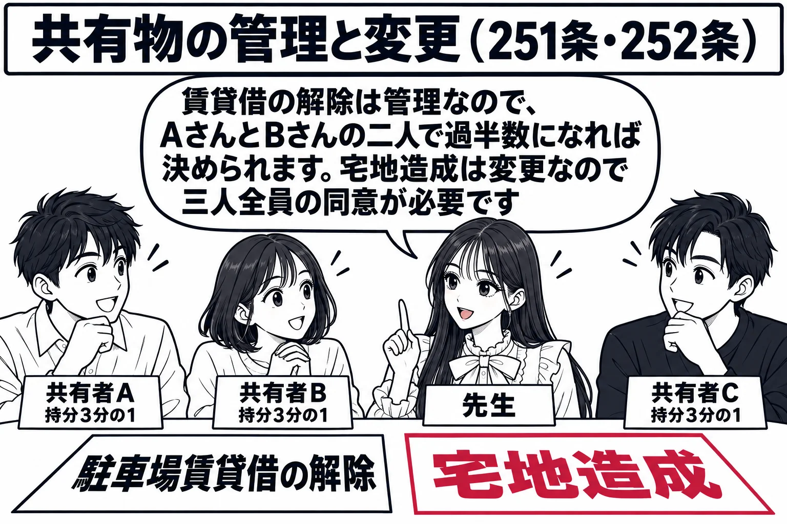 共有者の話合いの座卓の場面。座卓を囲んで男性（札「共有者A 持分3分の1」）、女性（札「共有者B 持分3分の1」）、男性（札「共有者C 持分3分の1」）。座卓の上に「駐車場賃貸借の解除」「宅地造成」と書いた二枚の議題の紙。先生が司会役（札「
