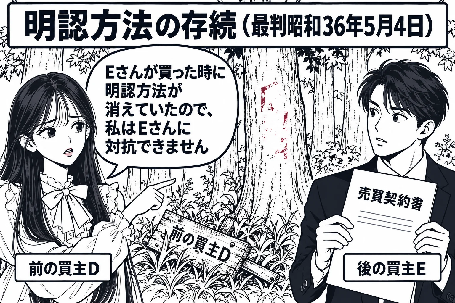同じ山林で数年後の場面。風雨で墨の文字が消えかけ、立札も倒れて草に埋もれている。木立の前で、新しく立木を買った男性（札「後の買主E」）が売買契約書を持って立っている。先生（札「前の買主D」）が困った顔で消えた文字を指している。先生の吹き出し