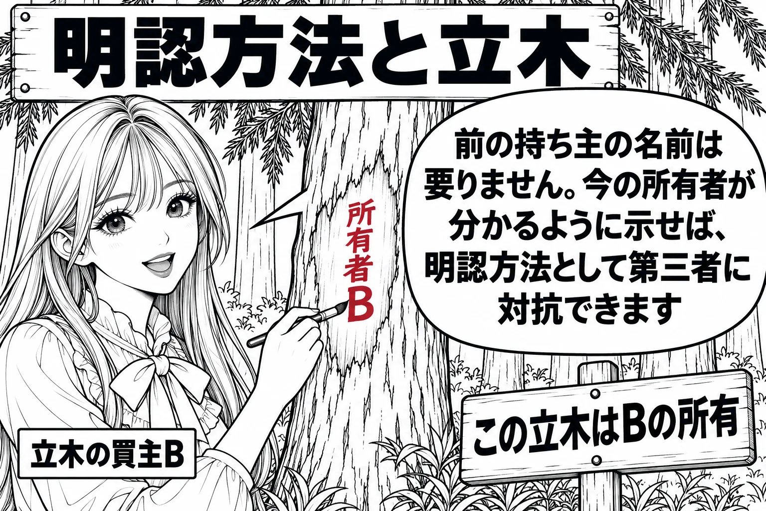山林の場面。杉の木立の中で、先生（札「立木の買主B」）が一本の杉の幹の皮を削った部分に墨で「所有者 B」と書いている。足元に「この立木はBの所有」と書いた立札が立ててある。先生の吹き出し「前の持ち主の名前は要りません。今の所有者が分かるよう