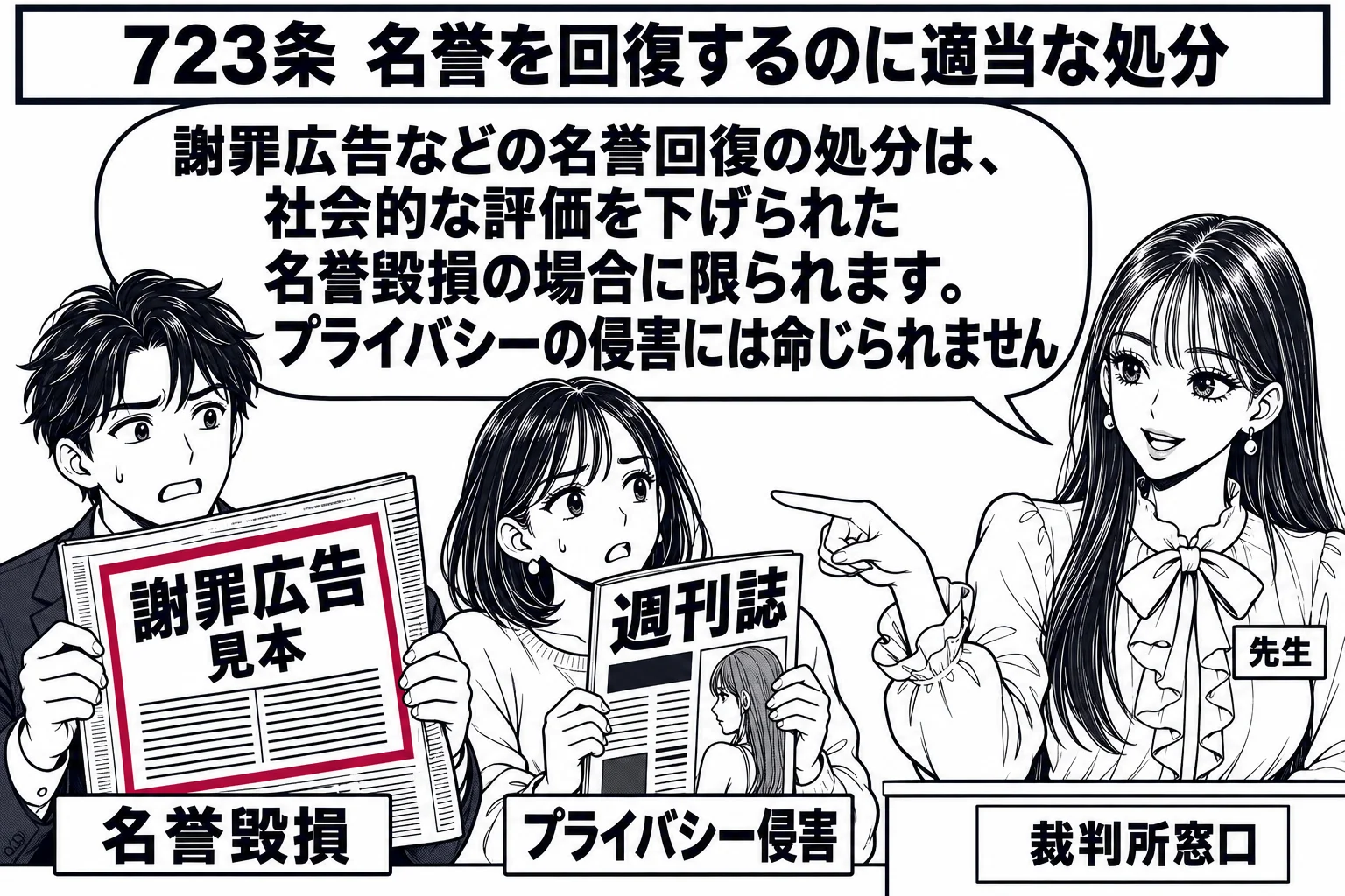 裁判所の窓口の場面。二人の申立人が並んでいる。左の男性（札「名誉毀損」）は新聞の謝罪広告の見本を持ち、右の女性（札「プライバシー侵害」）は週刊誌を持っている。先生が窓口の内側から左の男性の見本を指している。先生の吹き出し「謝罪広告などの名誉