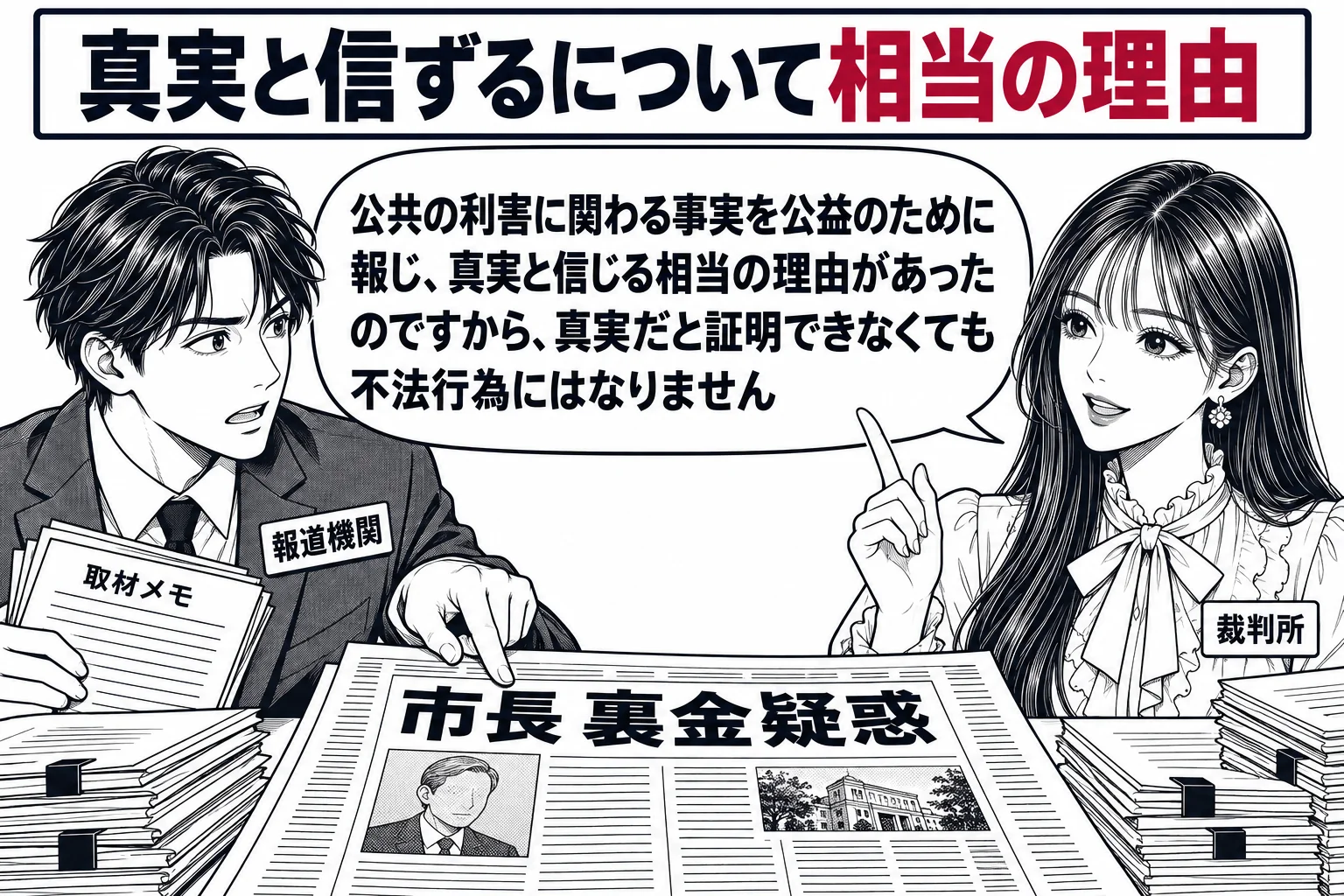 新聞社の編集室の場面。机の上にゲラ刷り（見出し「市長 裏金疑惑」）と取材メモの束。記者の男性（札「報道機関」）がメモを指している。先生が裁判官役（札「裁判所」）で机の横に立っている。先生の吹き出し「公共の利害に関わる事実を公益のために報じ、