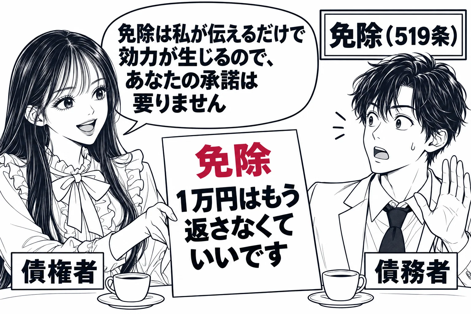 喫茶店のテーブルの場面。先生が貸主役（札「債権者」）で、向かいの男性（札「債務者」）に「1万円はもう返さなくていいです」と書いたメモを渡している。男性は驚いて手を振りかけている。先生の吹き出し「免除は私が伝えるだけで効力が生じるので、あなた