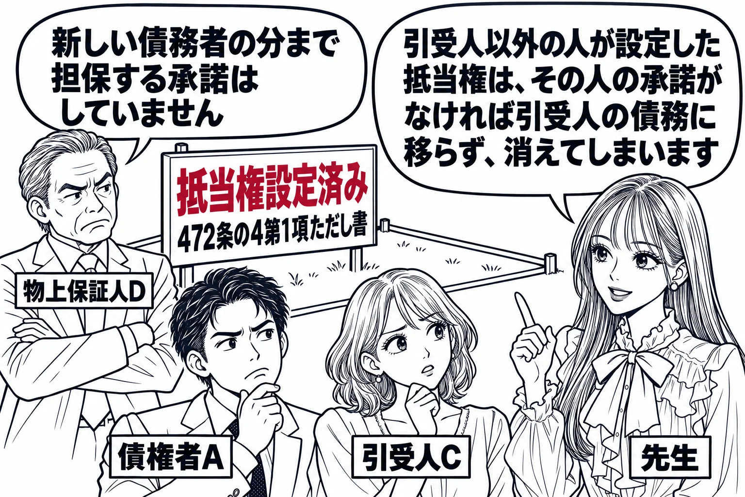 土地の前の場面。土地に「抵当権設定済み」の立札。立札の横に年配の男性（札「物上保証人D」）が腕を組み「新しい債務者の分まで担保する承諾はしていません」と言っている。手前に男性（札「債権者A」）と女性（札「引受人C」）。先生が説明役（札「先生