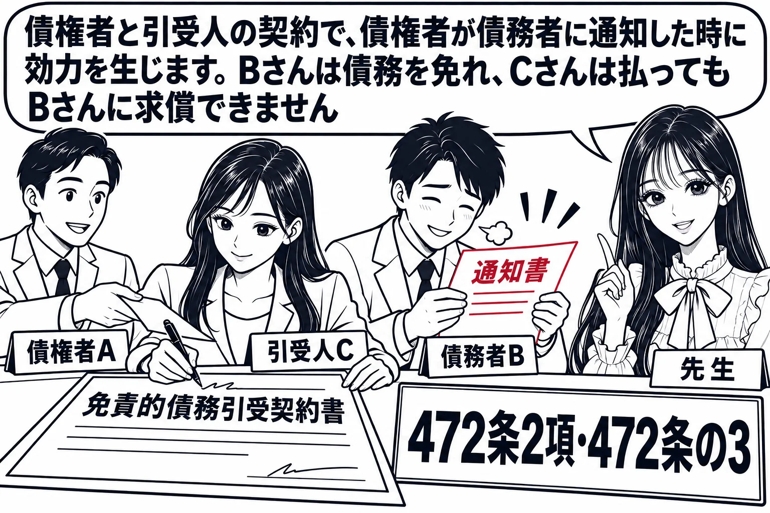 銀行の融資窓口の場面。カウンターの向こうに男性（札「債権者A」）。手前に新会社の女性社長（札「引受人C」）が「免責的債務引受契約書」に署名している。窓口の脇で男性（札「債務者B」）が「通知書」を受け取って肩の荷を下ろしている。先生が説明役（