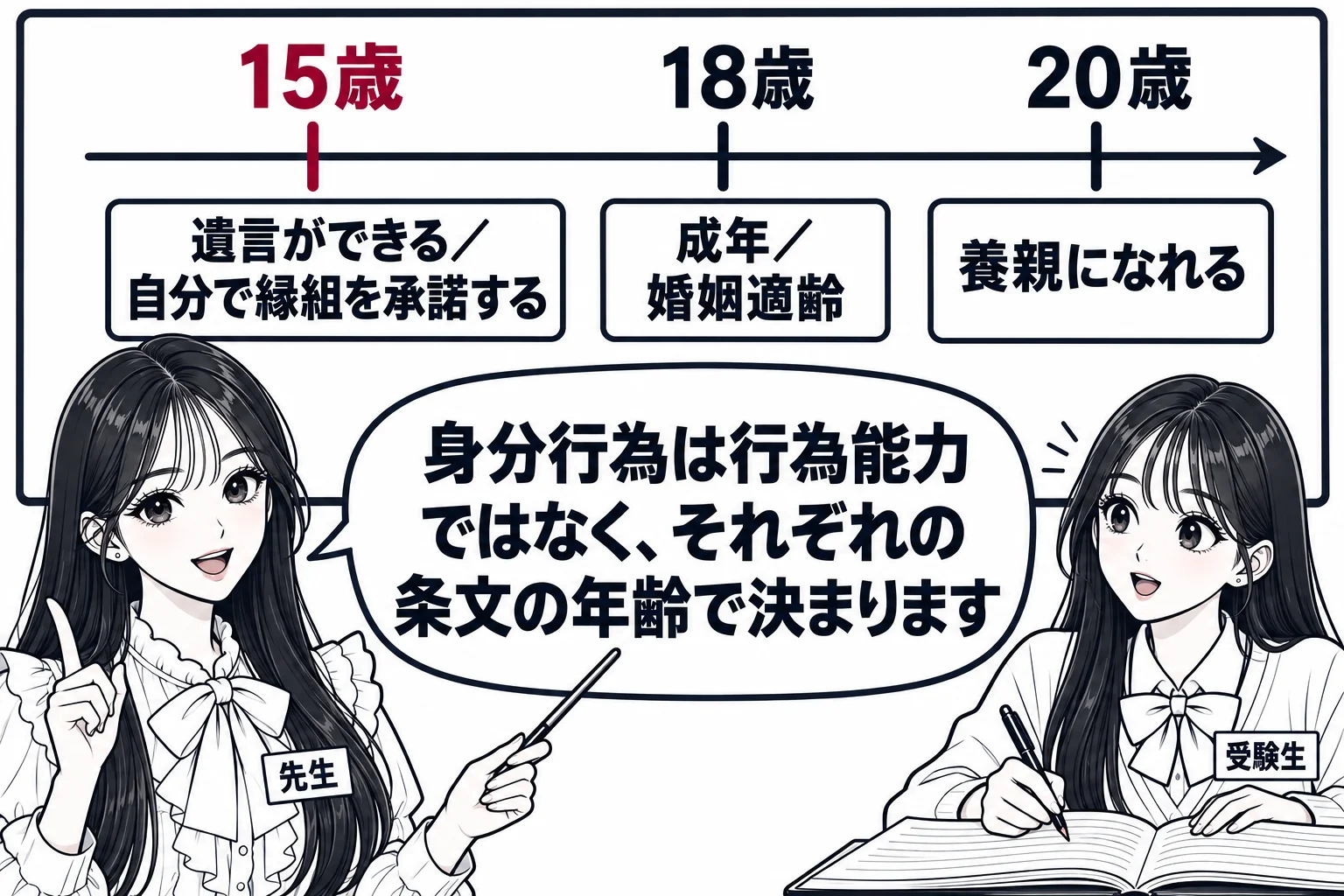 教室の黒板の前。先生が教師役（札「先生」）で立ち、黒板に年齢の数直線を描いている。目盛りは「15歳」「18歳」「20歳」。15歳の下に「遺言ができる／自分で縁組を承諾する」、18歳の下に「成年／婚姻適齢」、20歳の下に「養親になれる」。席の