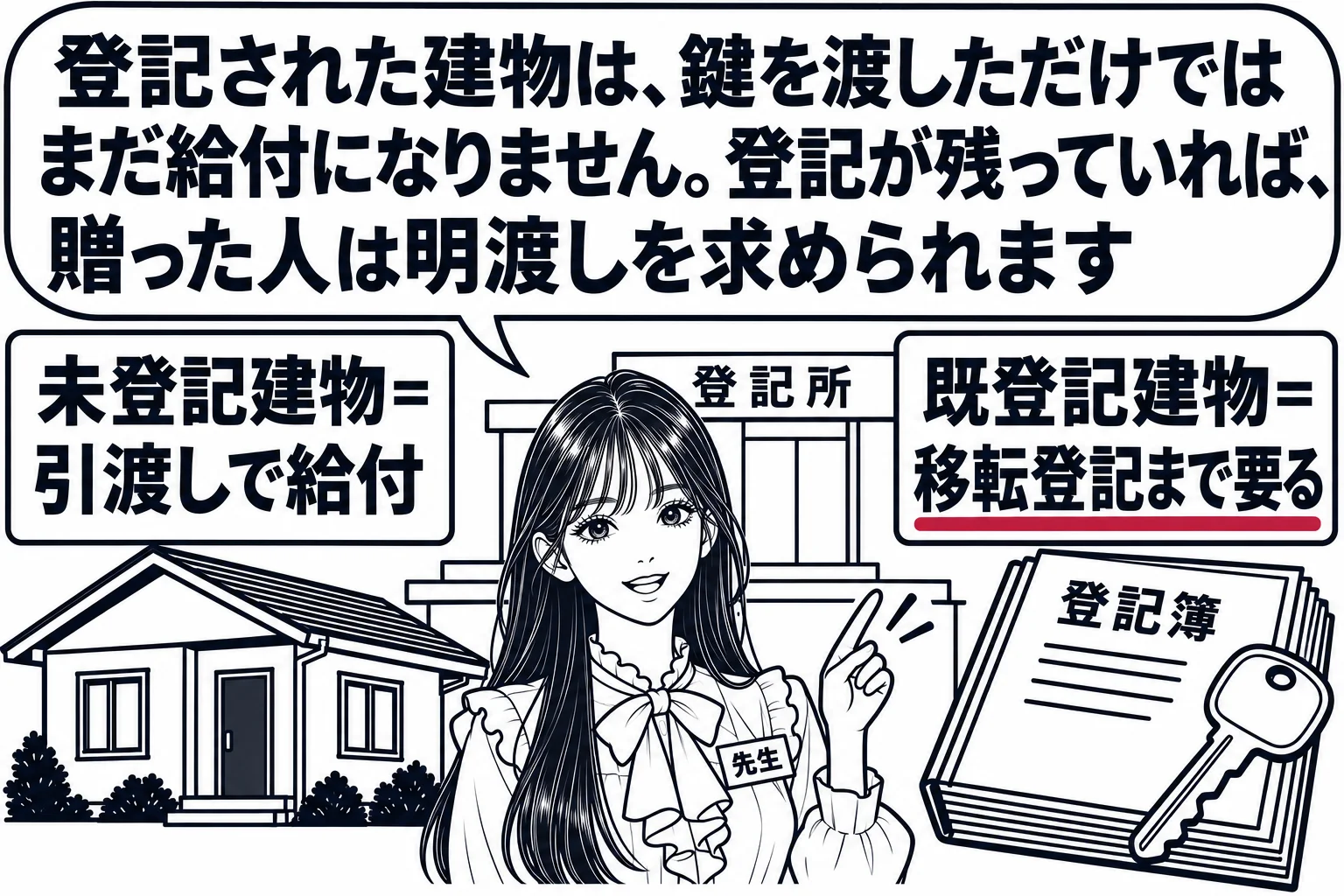 登記所の窓口の前の場面。左に平屋の建物の絵と札「未登記建物＝引渡しで給付」、右に登記簿の束と鍵の絵と札「既登記建物＝移転登記まで要る」。先生が窓口の横で右の札を指している。先生の吹き出し「登記された建物は、鍵を渡しただけではまだ給付になりま