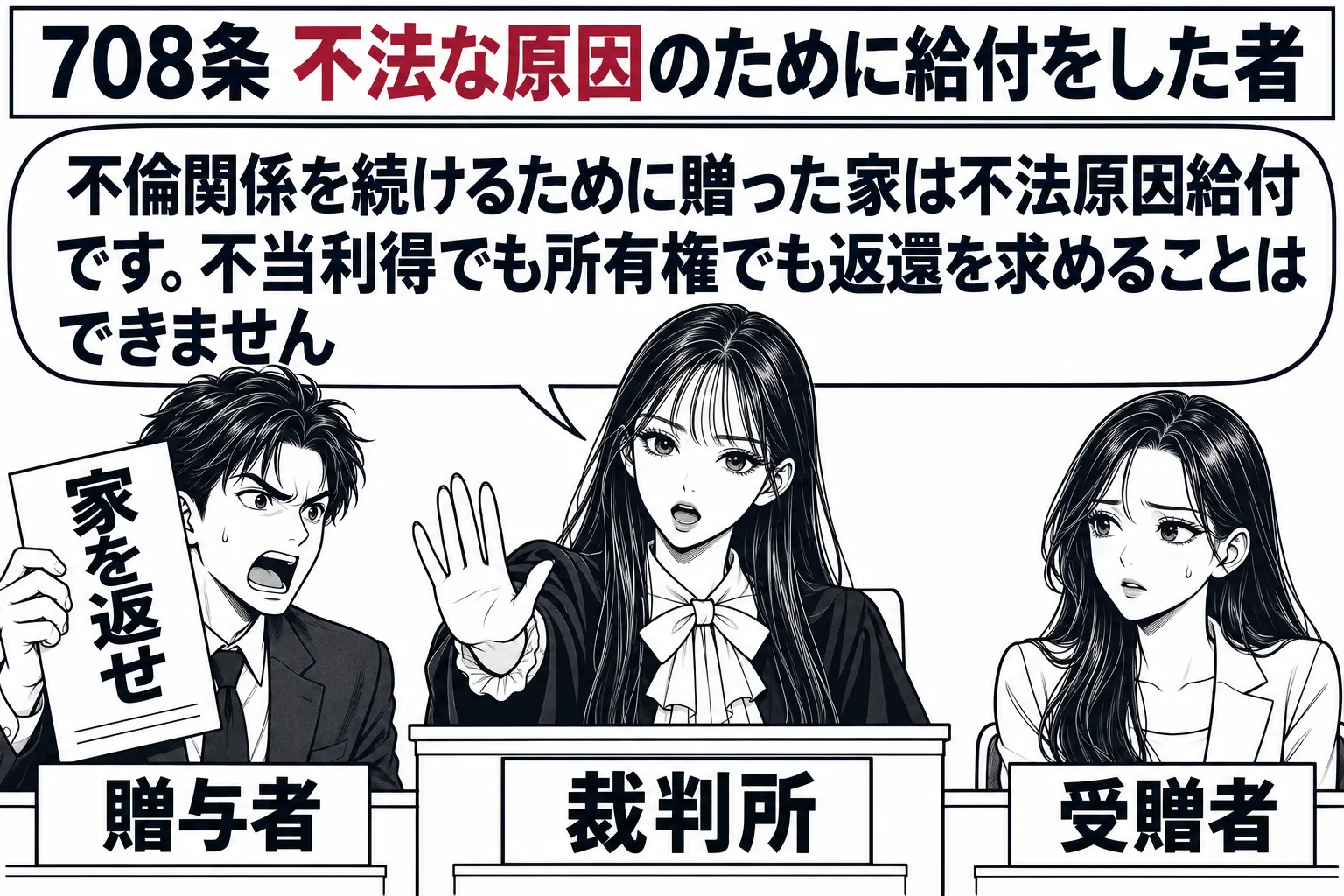 法廷の場面。原告席の男性（札「贈与者」）が「家を返せ」と書いた訴状を掲げ、被告席に女性（札「受贈者」）が座っている。先生が裁判官役（札「裁判所」）で法壇から手のひらを向けて制止している。先生の吹き出し「不倫関係を続けるために贈った家は不法原
