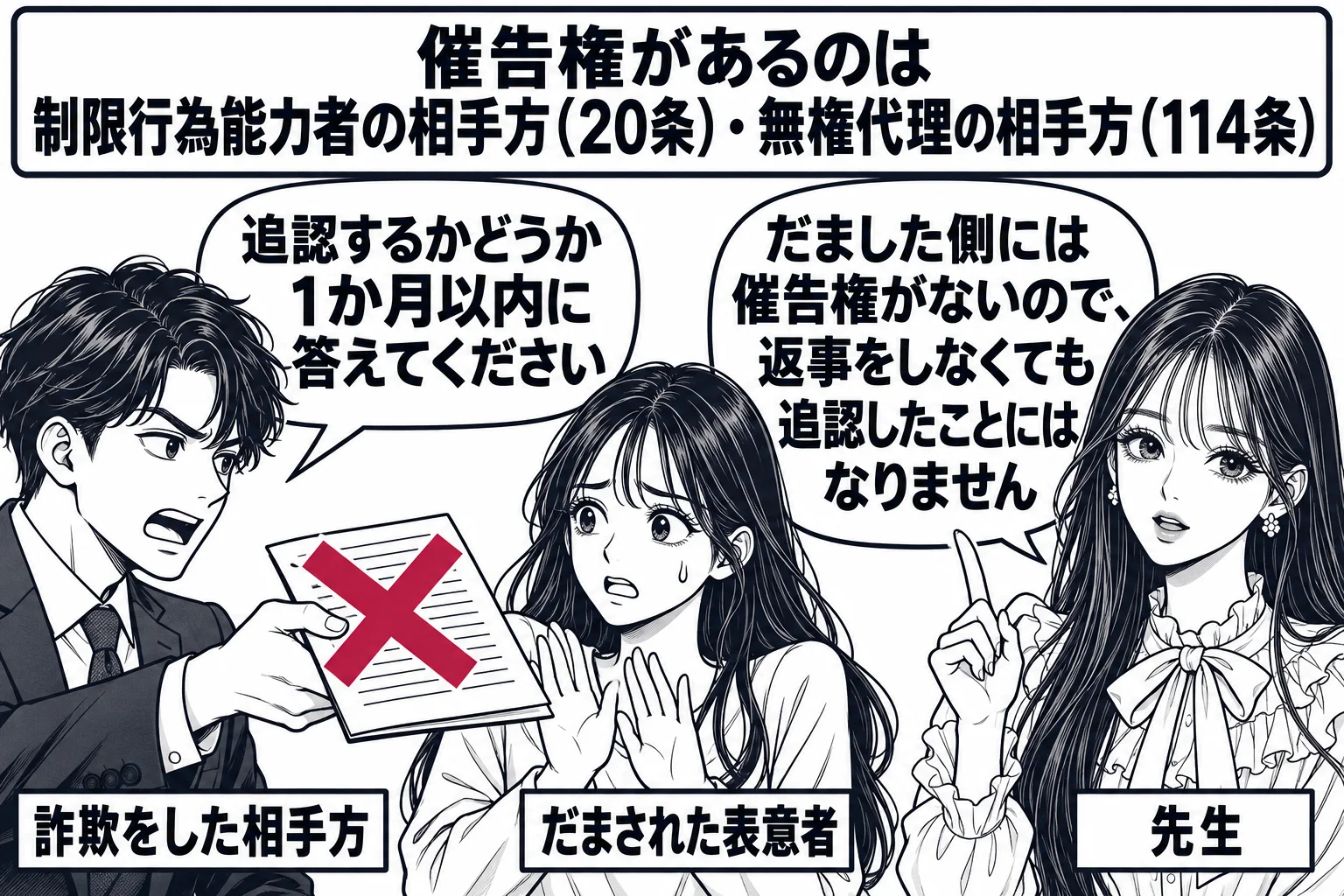 法律事務所の相談室の場面。男性（札「詐欺をした相手方」）が書類を差し出し「追認するかどうか1か月以内に答えてください」と言っている。向かいに女性（札「だまされた表意者」）が困った顔で座る。横に先生が弁護士役（札「先生」）で立ち、吹き出し「だ