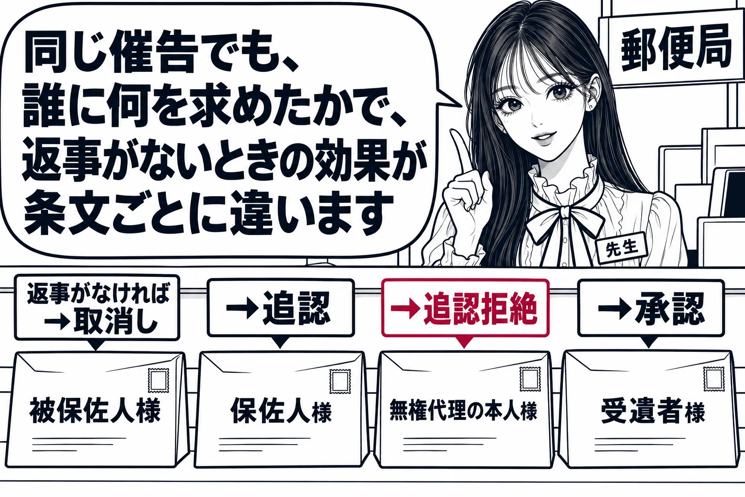 郵便局の窓口の場面。カウンターに宛名の違う四通の封筒が並んでいる。「被保佐人様」「保佐人様」「無権代理の本人様」「受遺者様」。それぞれの封筒の上に小さな札で「返事がなければ→取消し」「→追認」「→追認拒絶」「→承認」。先生が局員役（札「先生