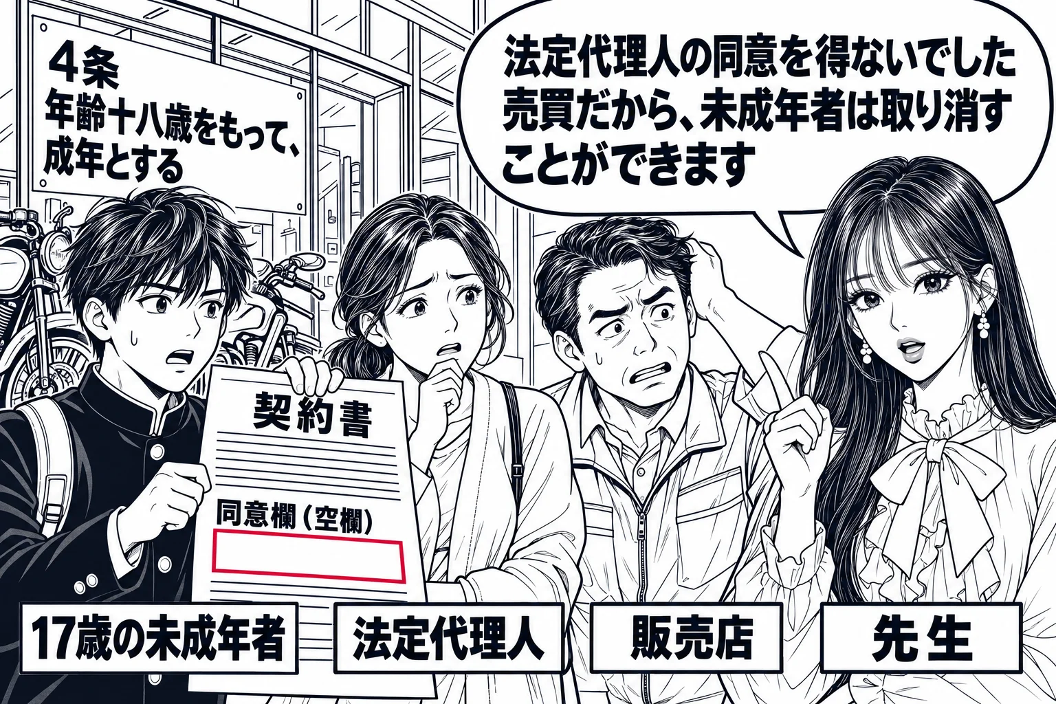 バイク販売店の店先。制服姿の男子高校生（札「17歳の未成年者」）が契約書を手に持ち、横に母親（札「法定代理人」）が来ている。販売店の男性（札「販売店」）が困った顔をしている。先生が弁護士役（札「先生」）で立ち、吹き出し「法定代理人の同意を得