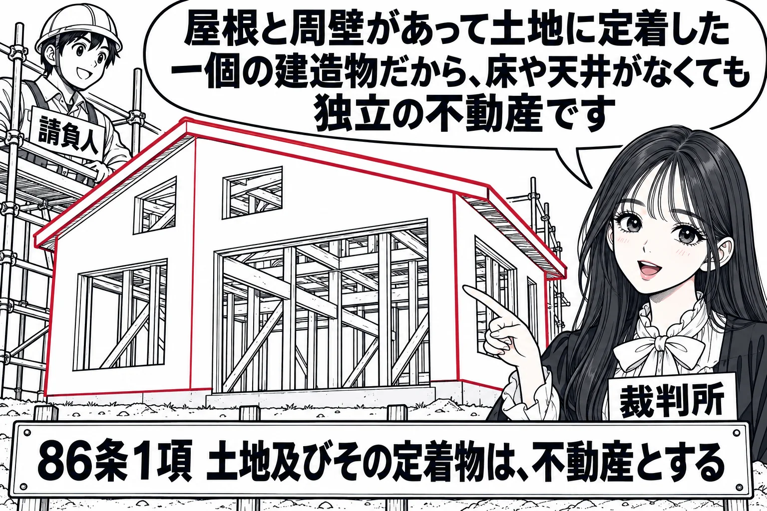 建築現場の場面。土地の上に、屋根と周りの壁はできているが、中は床も天井もなく骨組みが見える建物が建っている。職人の男性（札「請負人」）が足場の上にいる。手前に先生が裁判官役（札「裁判所」）で立ち、建物を指して吹き出し「屋根と周壁があって土地