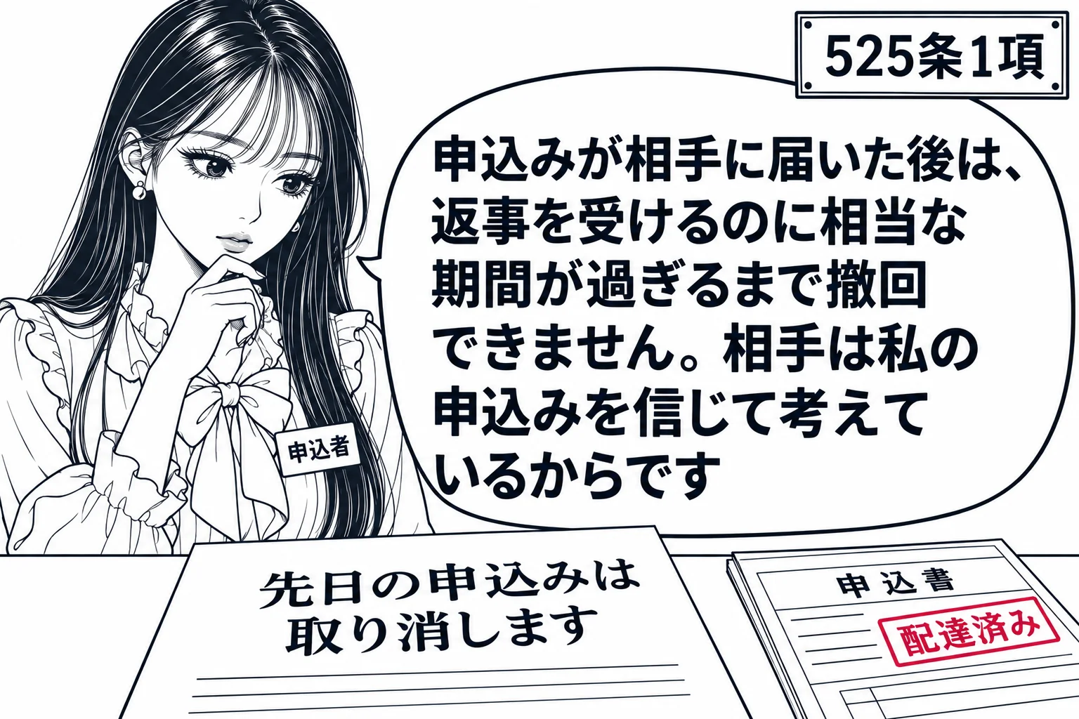 画廊の事務室の場面。先生が絵を買いたい人の役（札「申込者」）で、机の上の便箋「先日の申込みは取り消します」を前に考え込んでいる。机の端に、相手に届いたことを示す配達証明の控え「申込書　配達済み」。先生の吹き出し「申込みが相手に届いた後は、返