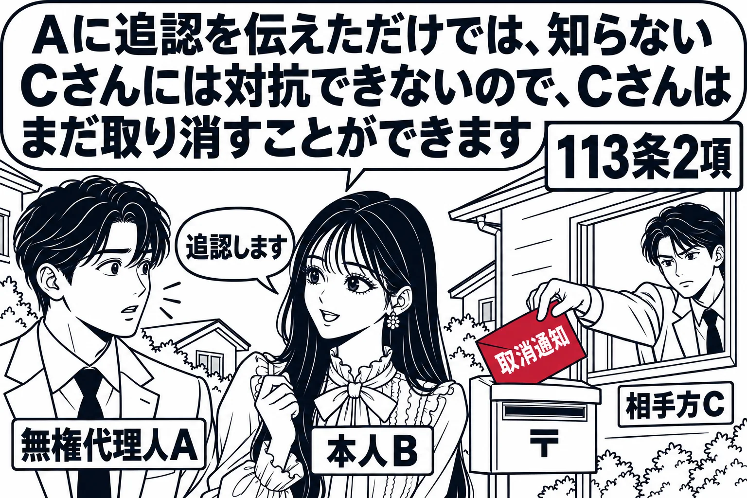 郵便受けのある玄関先の場面。先生が本人役（札「本人B」）で、男性（札「無権代理人A」）に「追認します」と伝えている。少し離れた別の家の窓から男性（札「相手方C」）が「取消通知」の封筒を投函しようとしている。先生の吹き出し「Aに追認を伝えただ