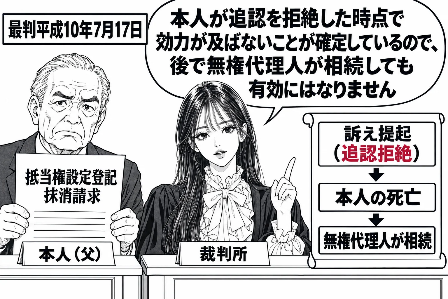 法廷の場面。原告席に年配の男性（札「本人（父）」）が「抵当権設定登記抹消請求」の訴状を手にしている。右側に時間の流れの帯があり「訴え提起（追認拒絶）→ 本人の死亡 → 無権代理人が相続」と書かれている。裁判官席に先生が裁判官役（札「裁判所」