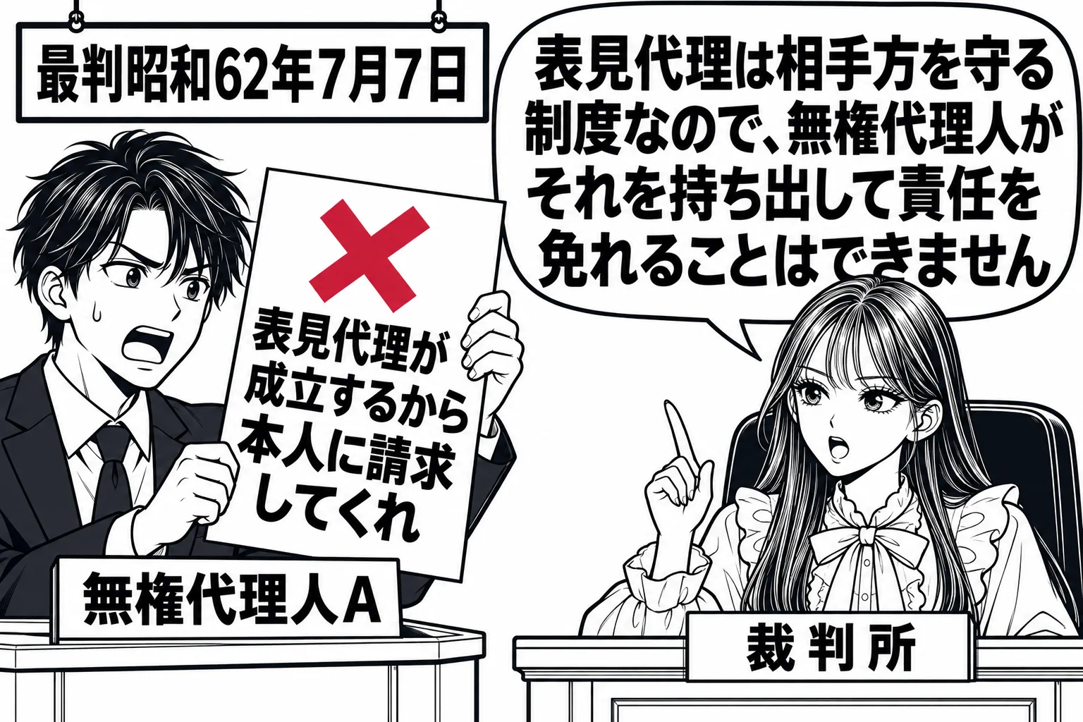 法廷の場面。証言台の前に男性（札「無権代理人A」）が立ち「表見代理が成立するから本人に請求してくれ」と書かれた紙を掲げている。裁判官席に先生が裁判官役（札「裁判所」）で座っている。先生の吹き出し「表見代理は相手方を守る制度なので、無権代理人