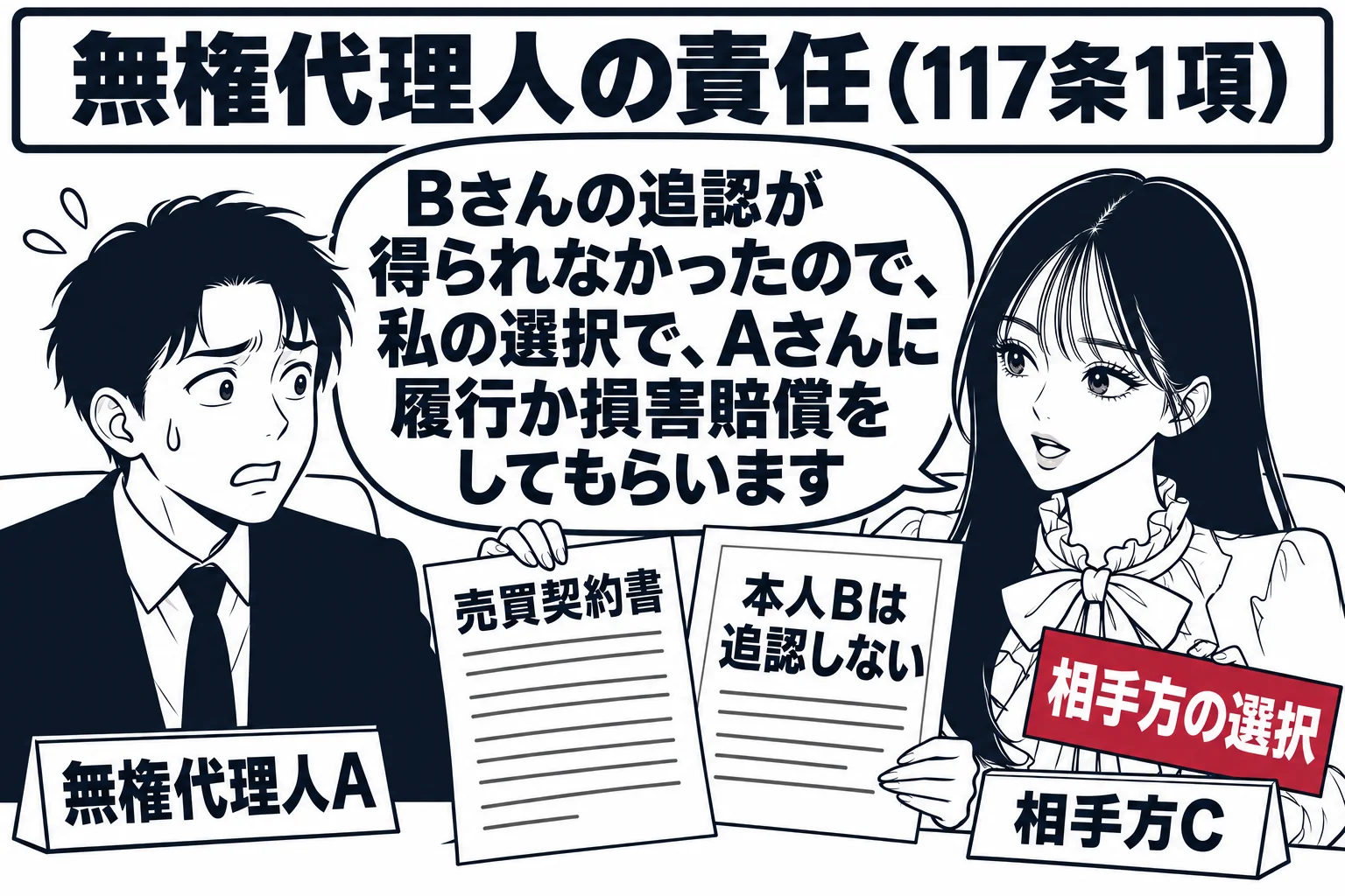 不動産会社の応接室。先生が相手方役（札「相手方C」）でソファに座り、向かいの男性（札「無権代理人A」）に「売買契約書」と「本人Bは追認しない」と書かれた通知を見せている。先生の吹き出し「Bさんの追認が得られなかったので、私の選択で、Aさんに